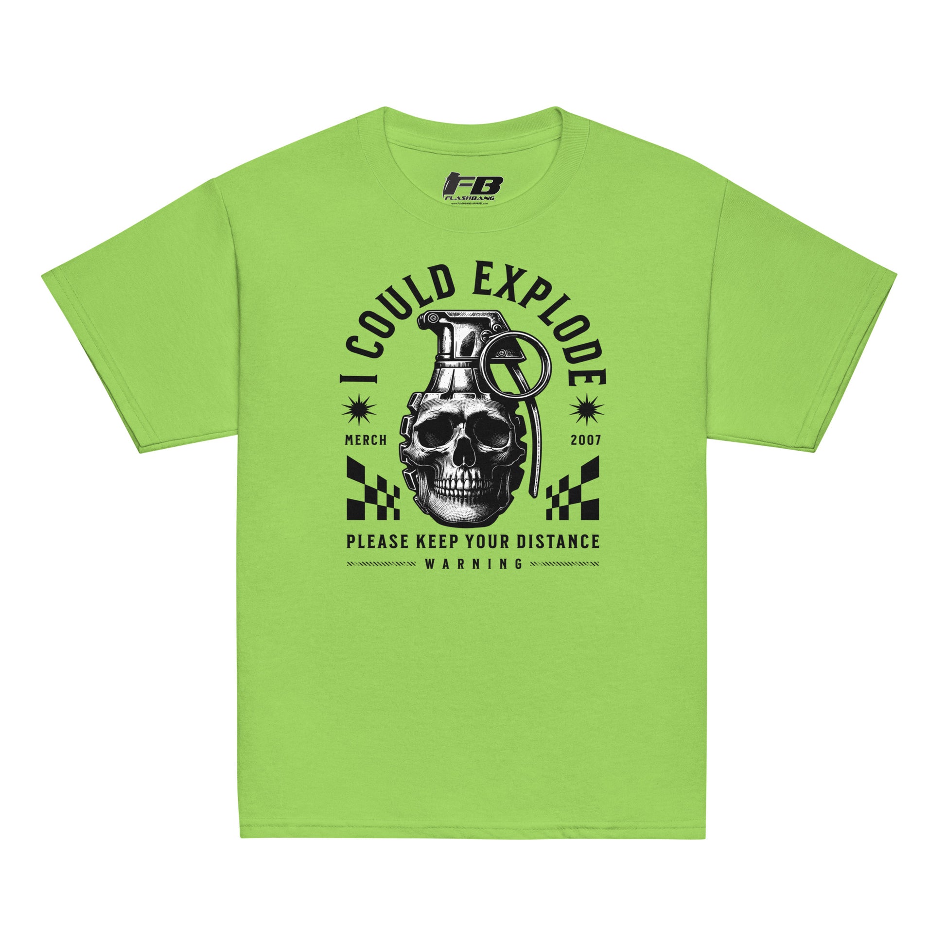 Green t-shirt with graphic design featuring a skull and grenade on a white background