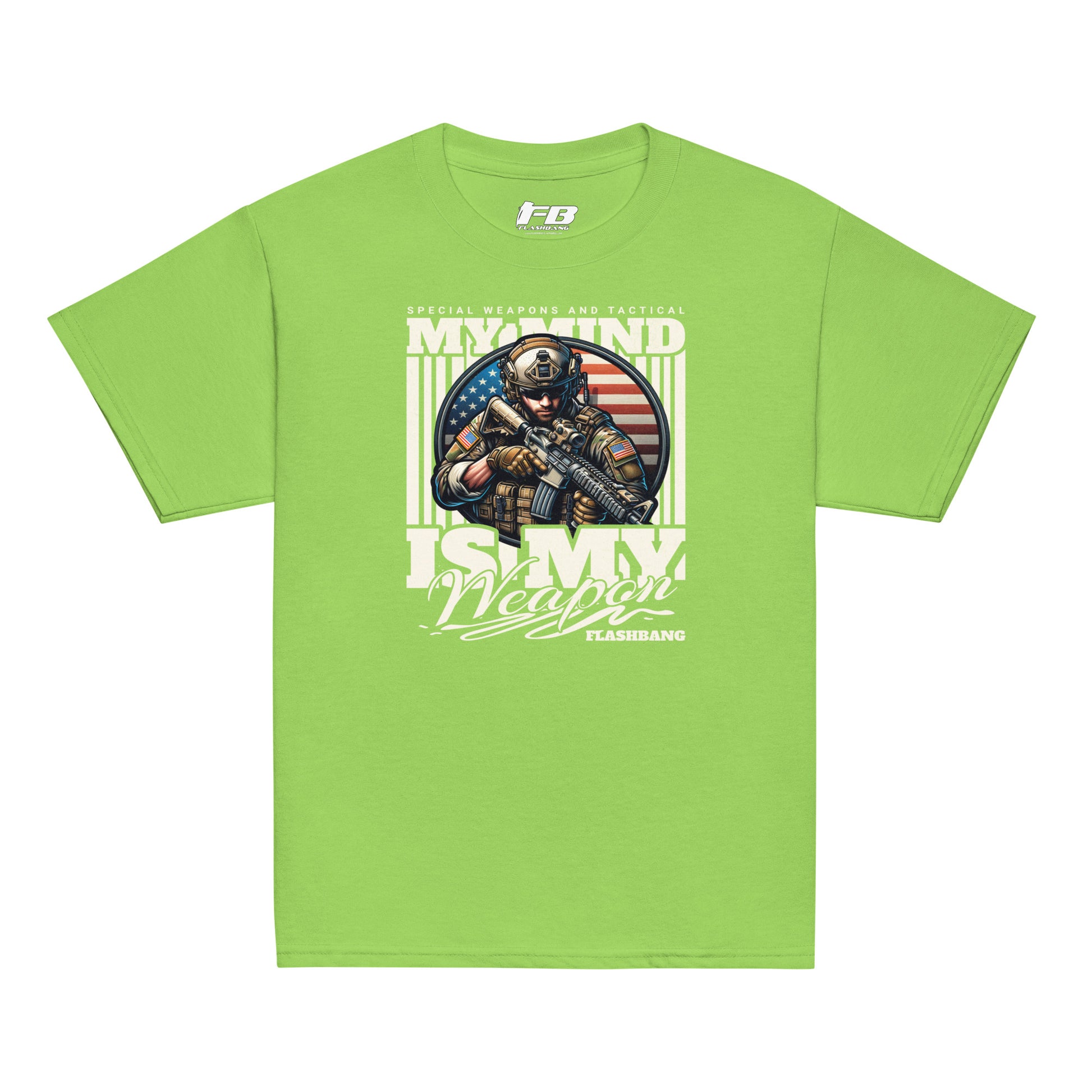 Green t-shirt with graphic design featuring a soldier and text on a white background