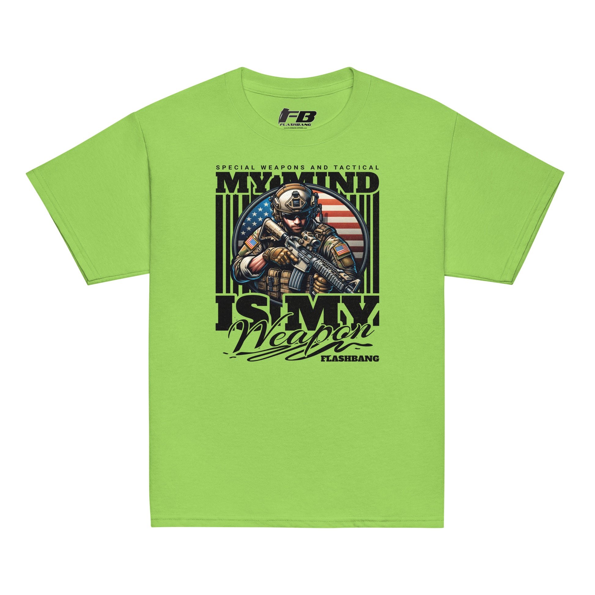 Green t-shirt with graphic design featuring a soldier and text on a white background