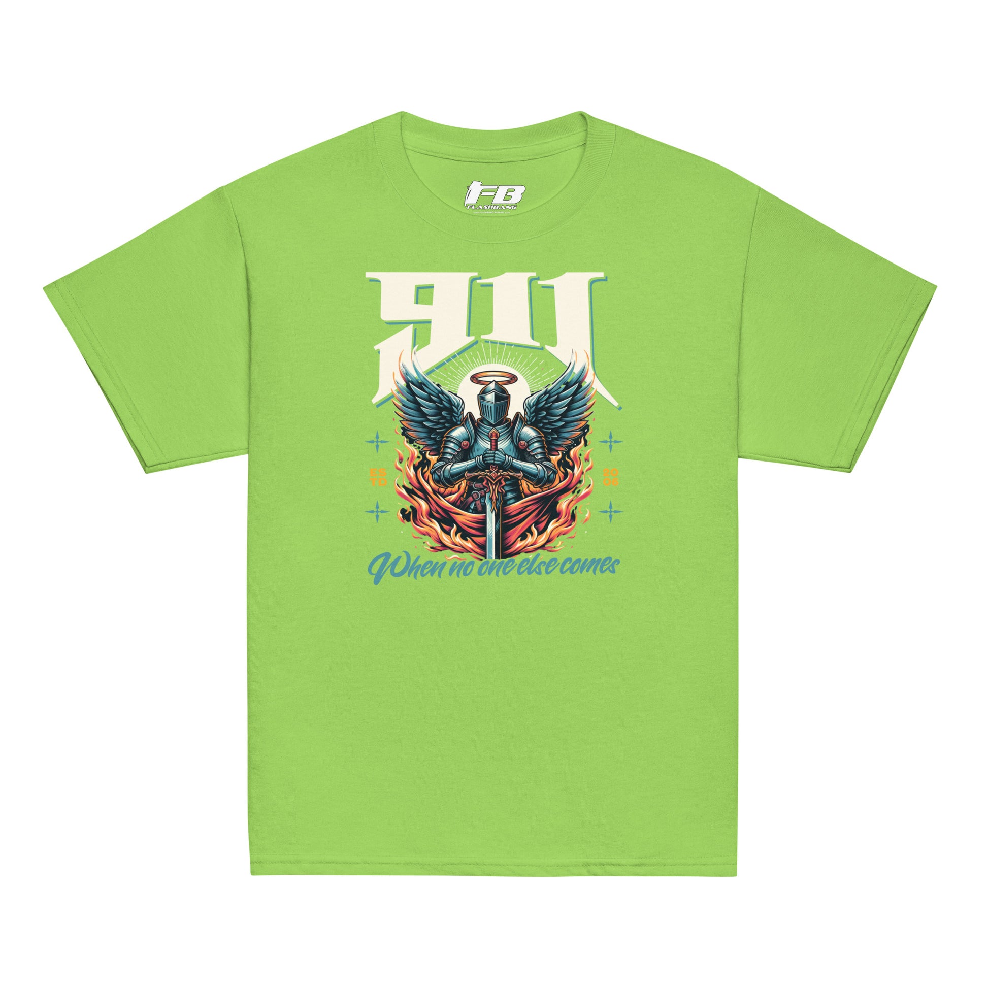 Green t-shirt with graphic design and text on a white background