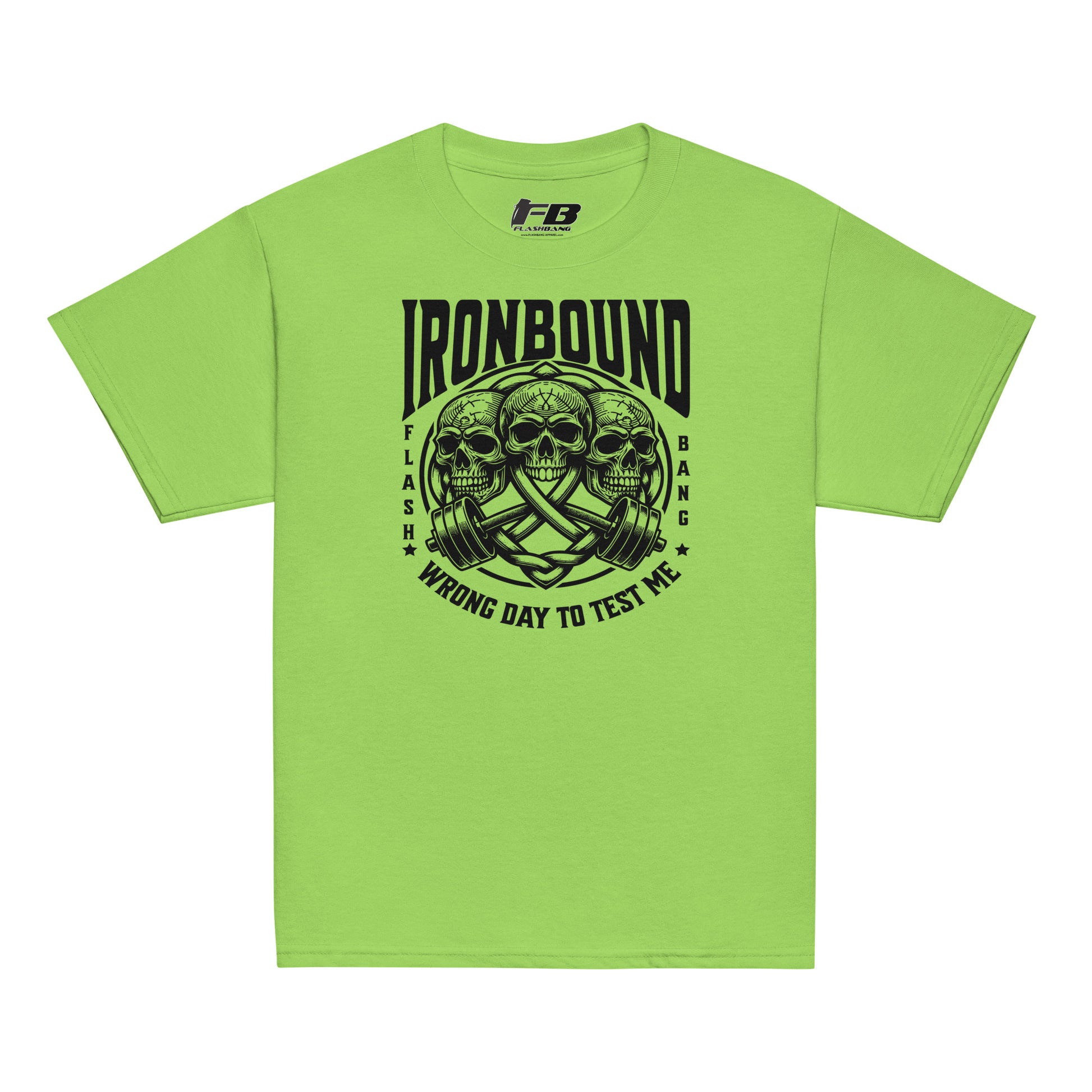 Green t-shirt with black graphic design and text on a white background