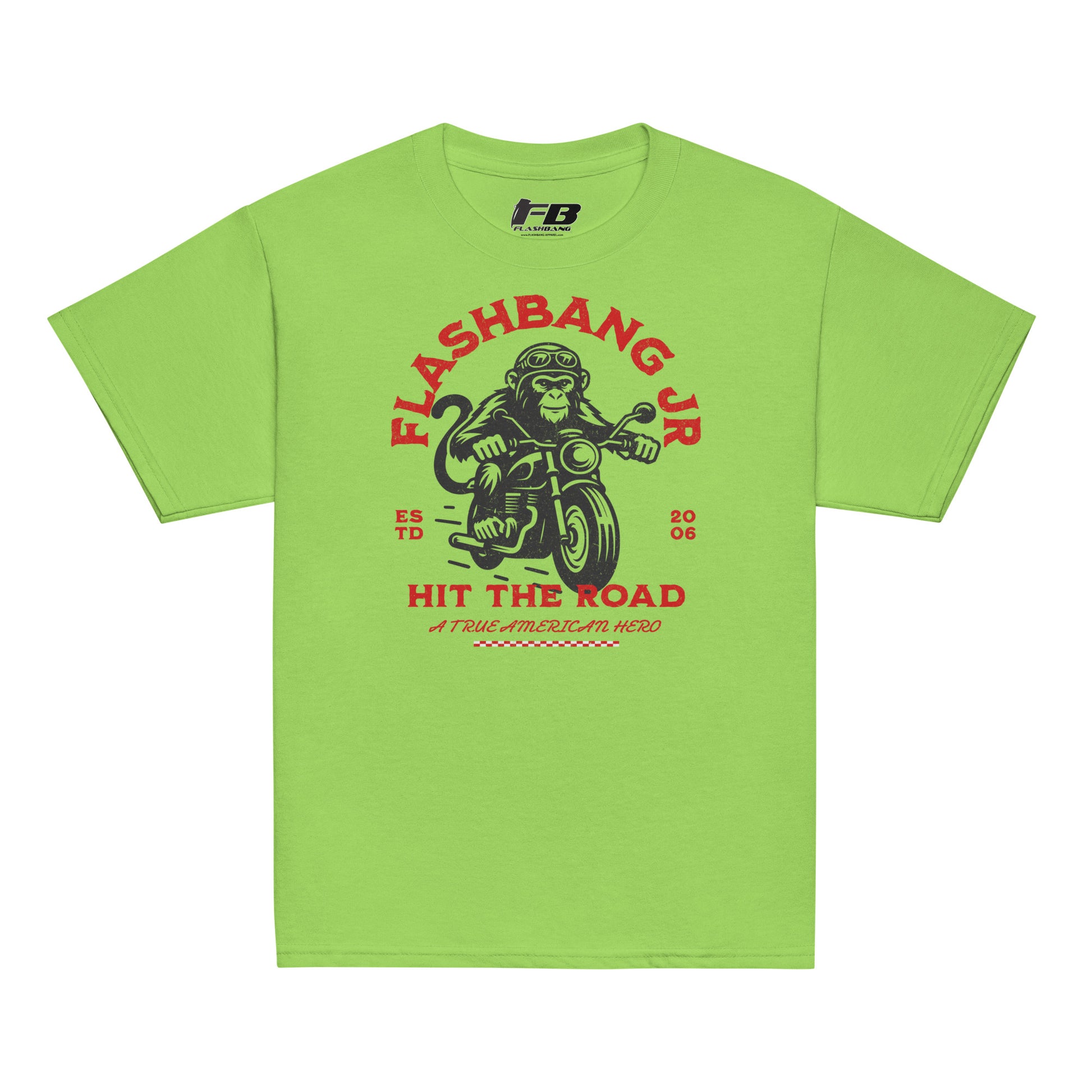 Green t-shirt with a graphic design of a monkey on a motorcycle and text on a white background