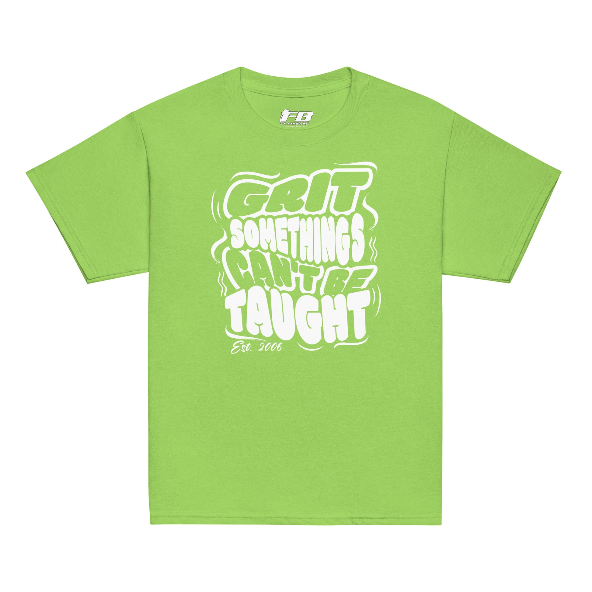 Green t-shirt with white text on a white background