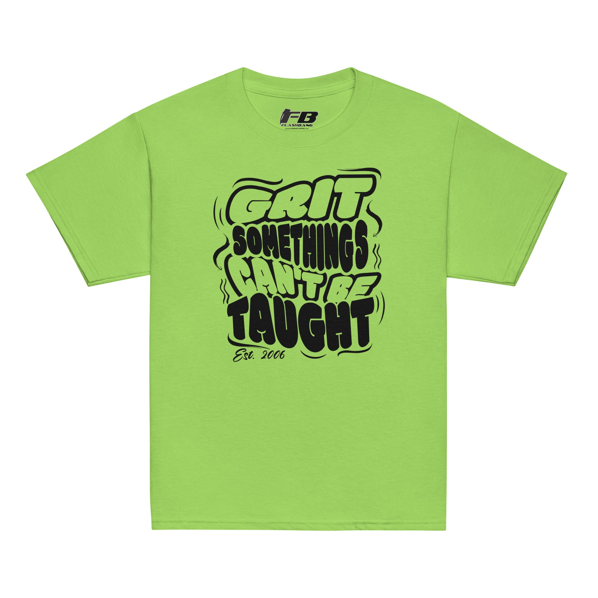Green t-shirt with black text on a white background