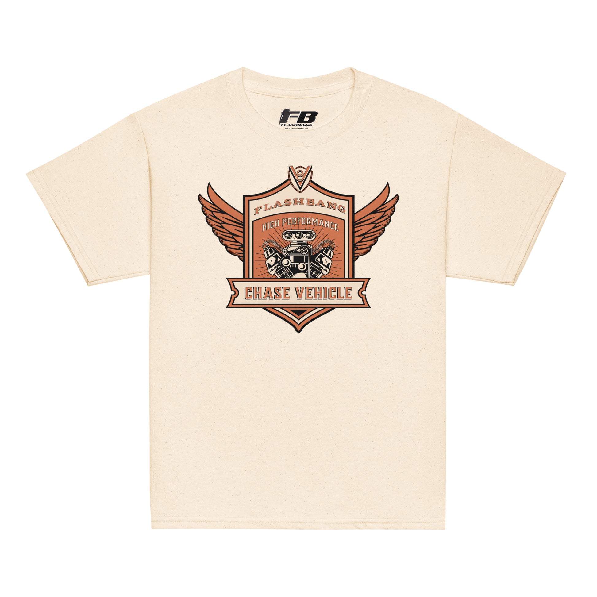Beige t-shirt with a graphic design on the chest against a white background