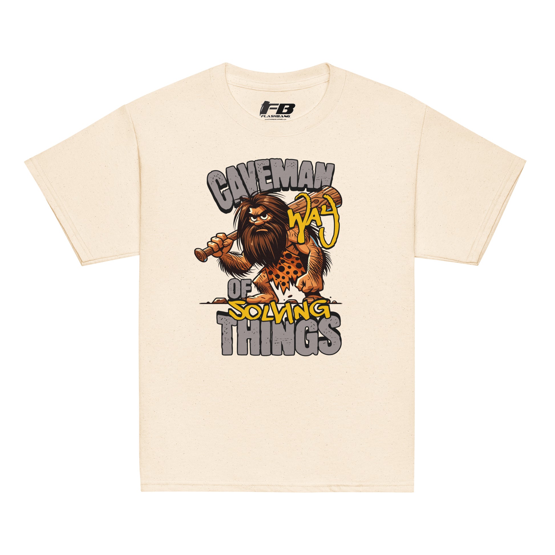 Beige t-shirt with a graphic of a caveman holding a club and text on a white background