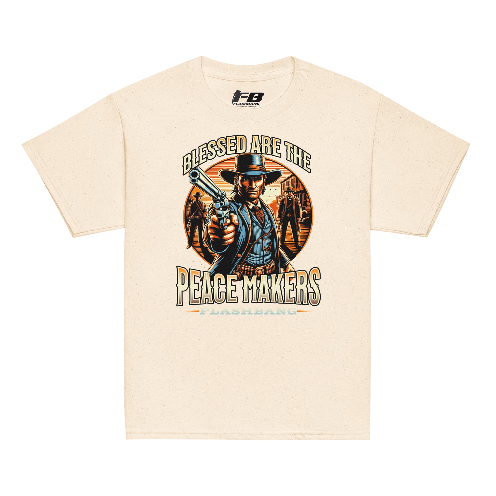 Beige t-shirt with a graphic design of a cowboy holding a gun and text on a white background
