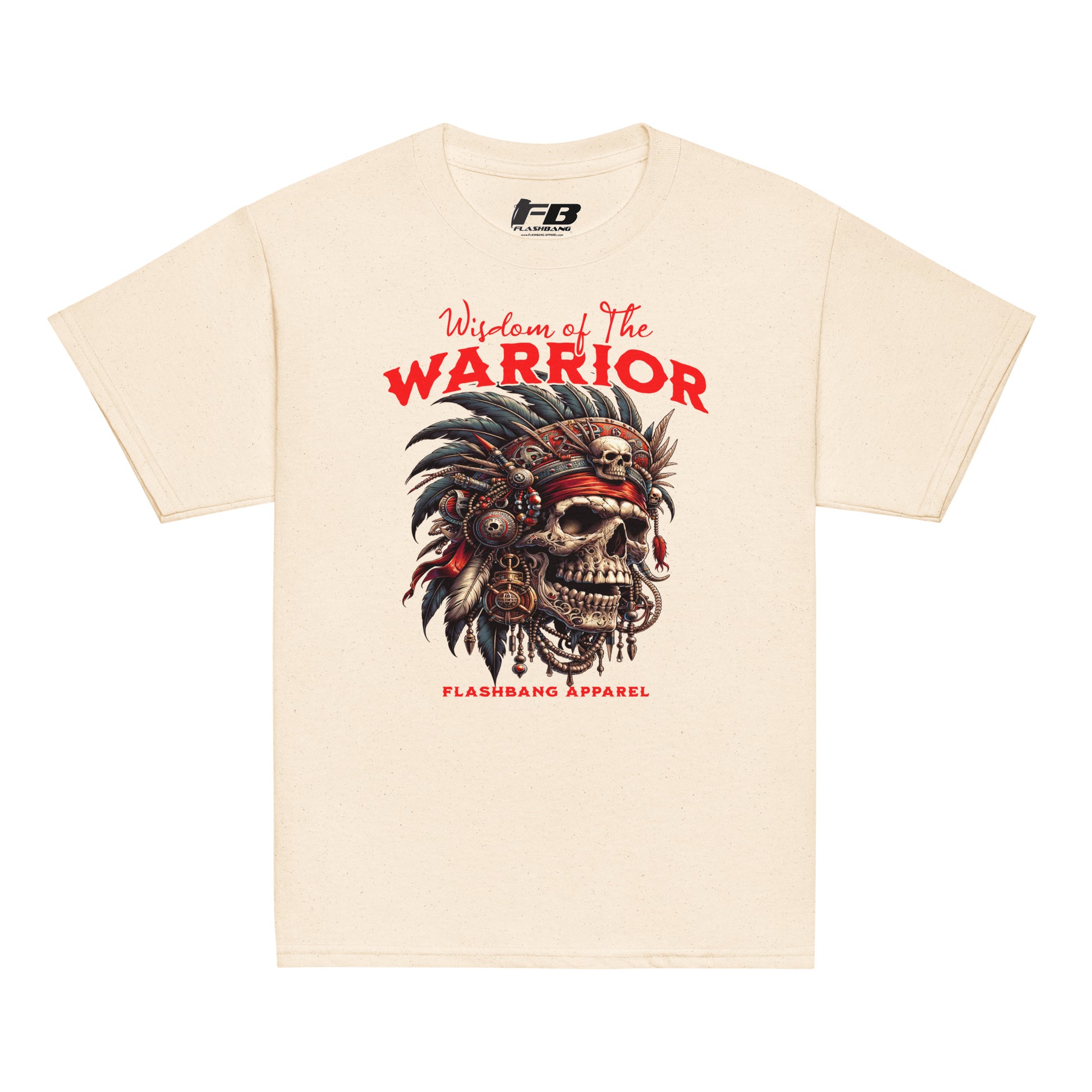 Beige t-shirt with warrior-themed design and 'Flashbang Apparel' branding on a white background