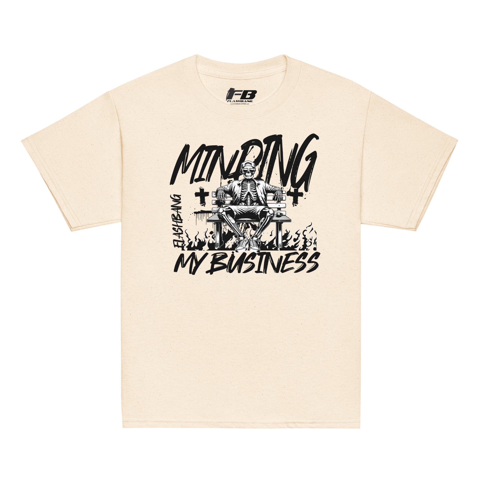 Beige t-shirt with black graphic design and text on a white background