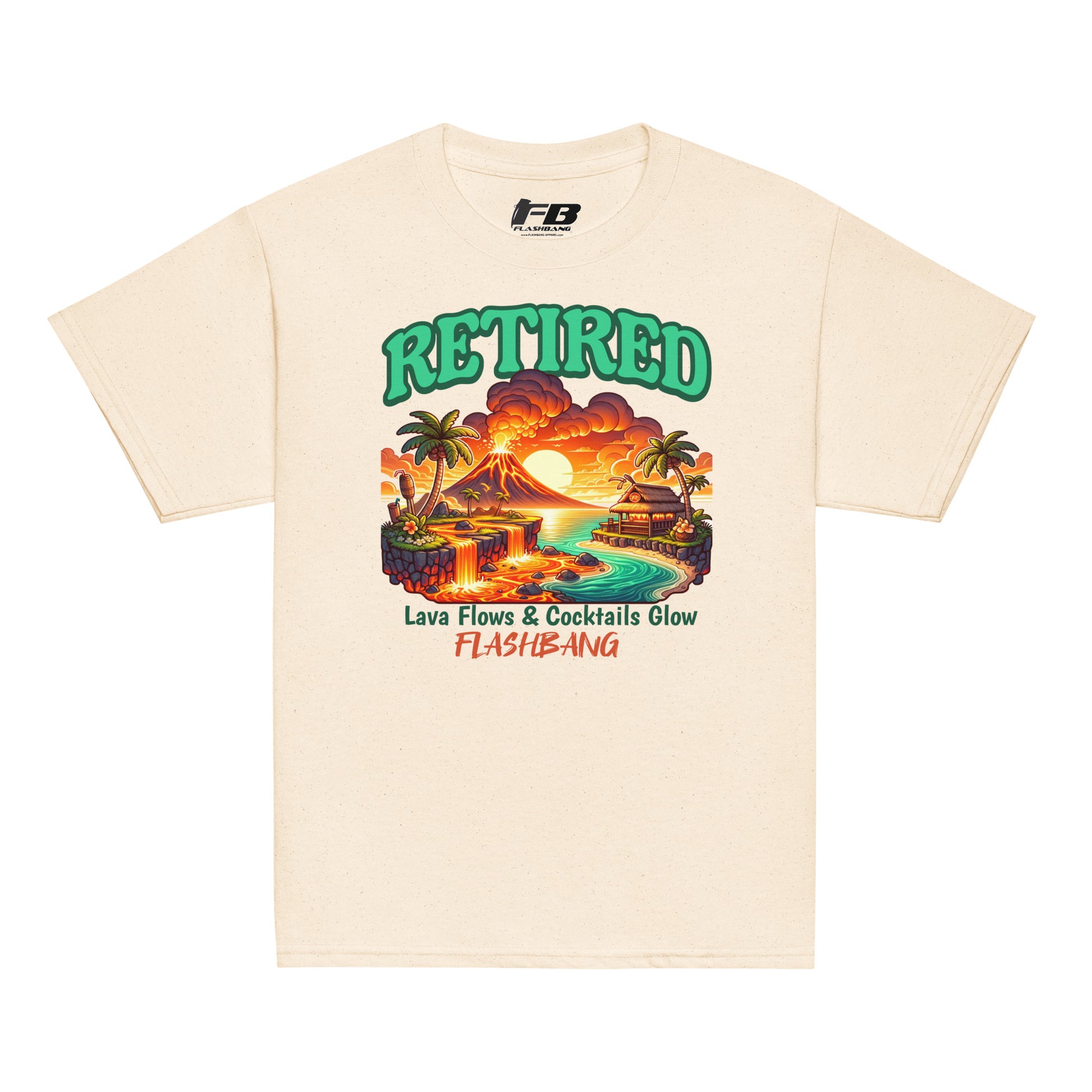Beige t-shirt with a graphic design of a volcano and tropical scene, featuring the word 'Retired' and 'Flashbang' branding.