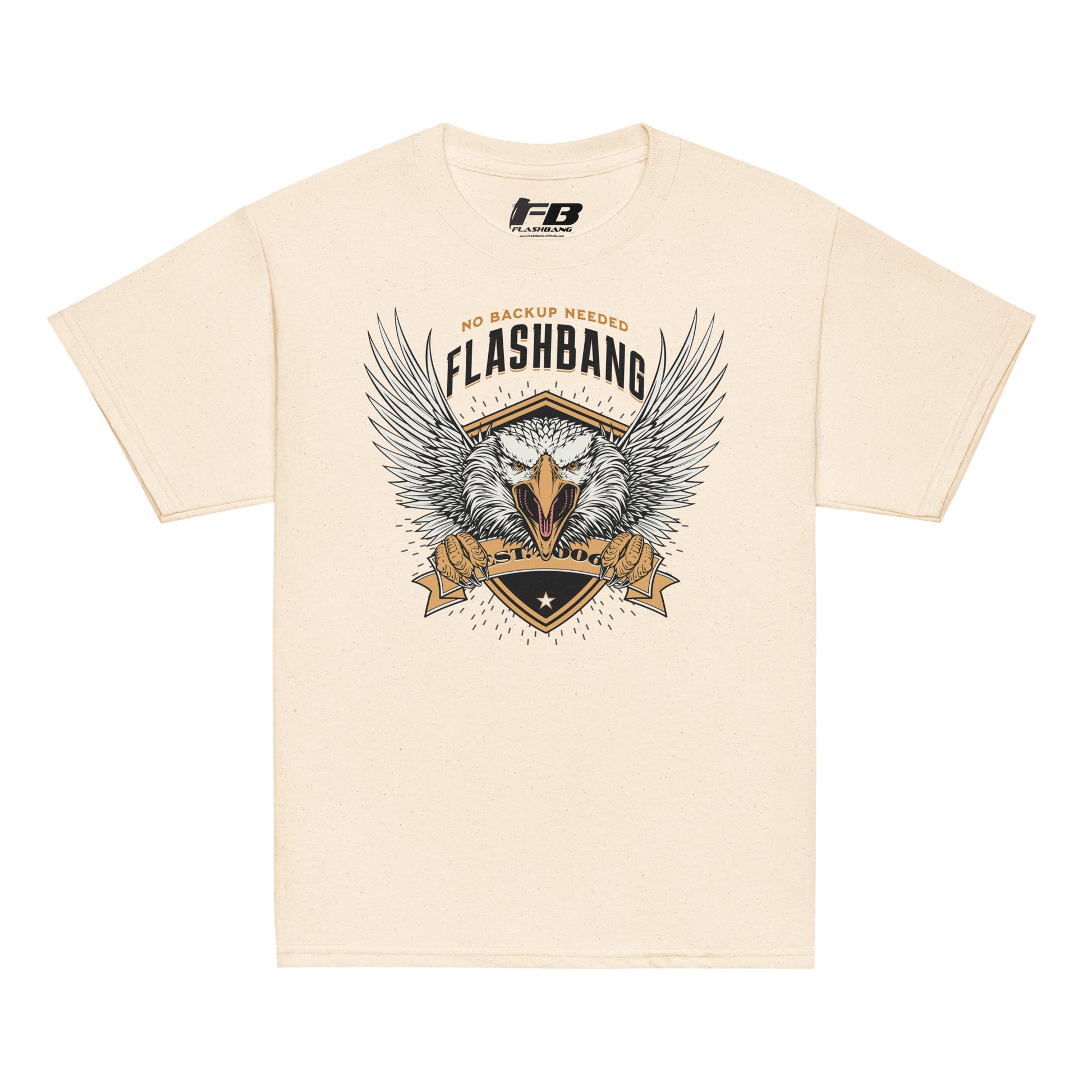 Beige t-shirt with 'Flashbang' graphic design featuring an eagle and wings on a white background.