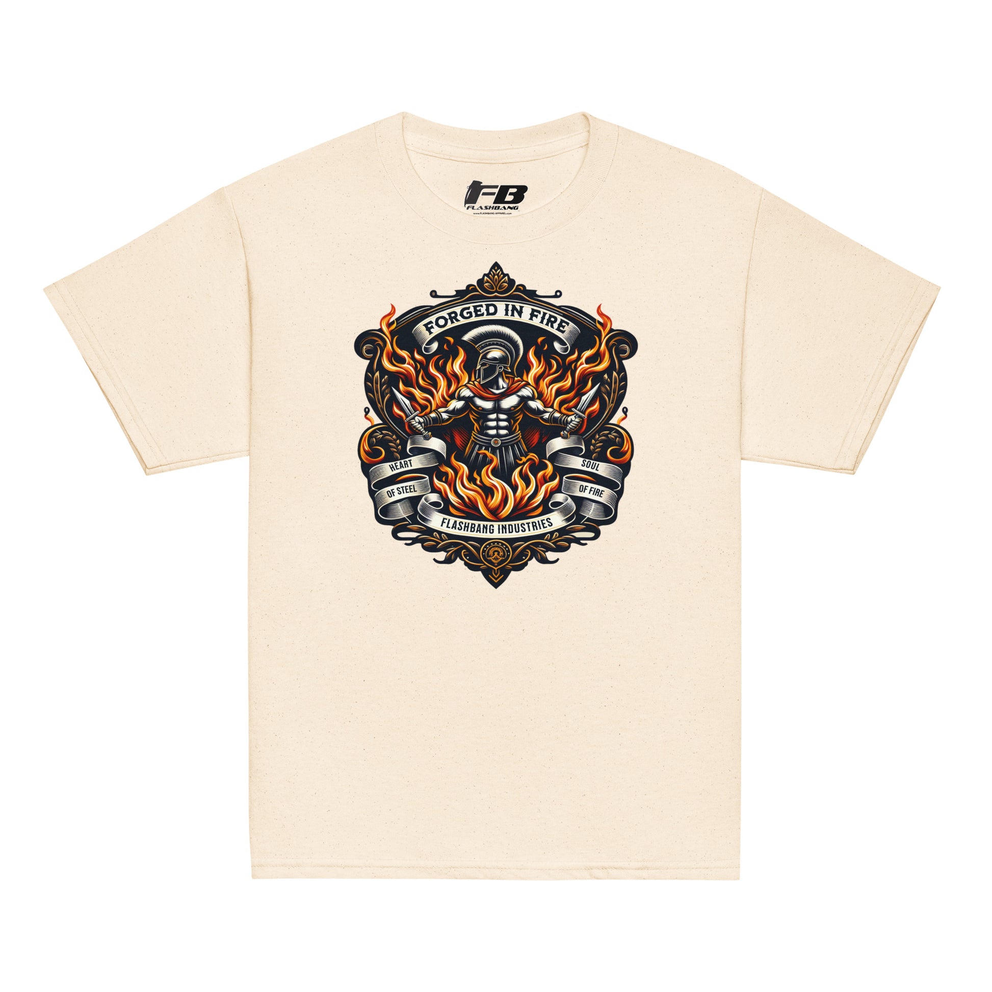 Beige t-shirt with a graphic design featuring flames and text on a white background