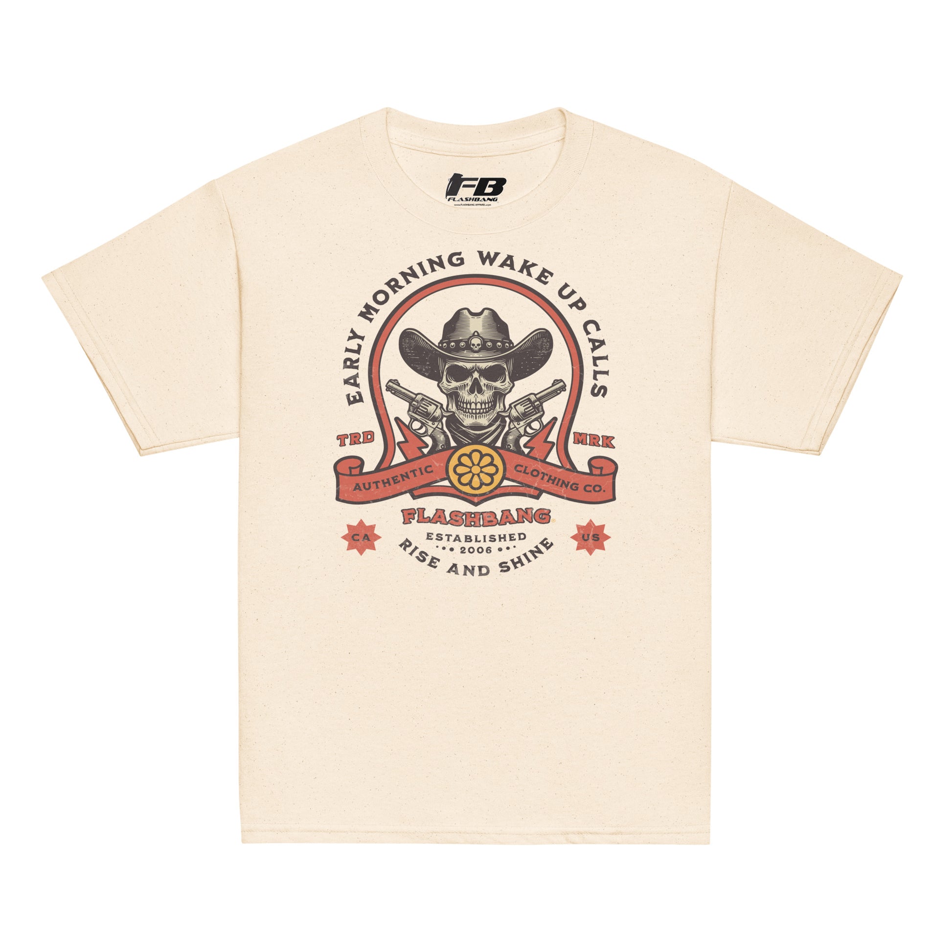 Beige t-shirt with a graphic design featuring a skull, cowboy hat, and text on a white background.