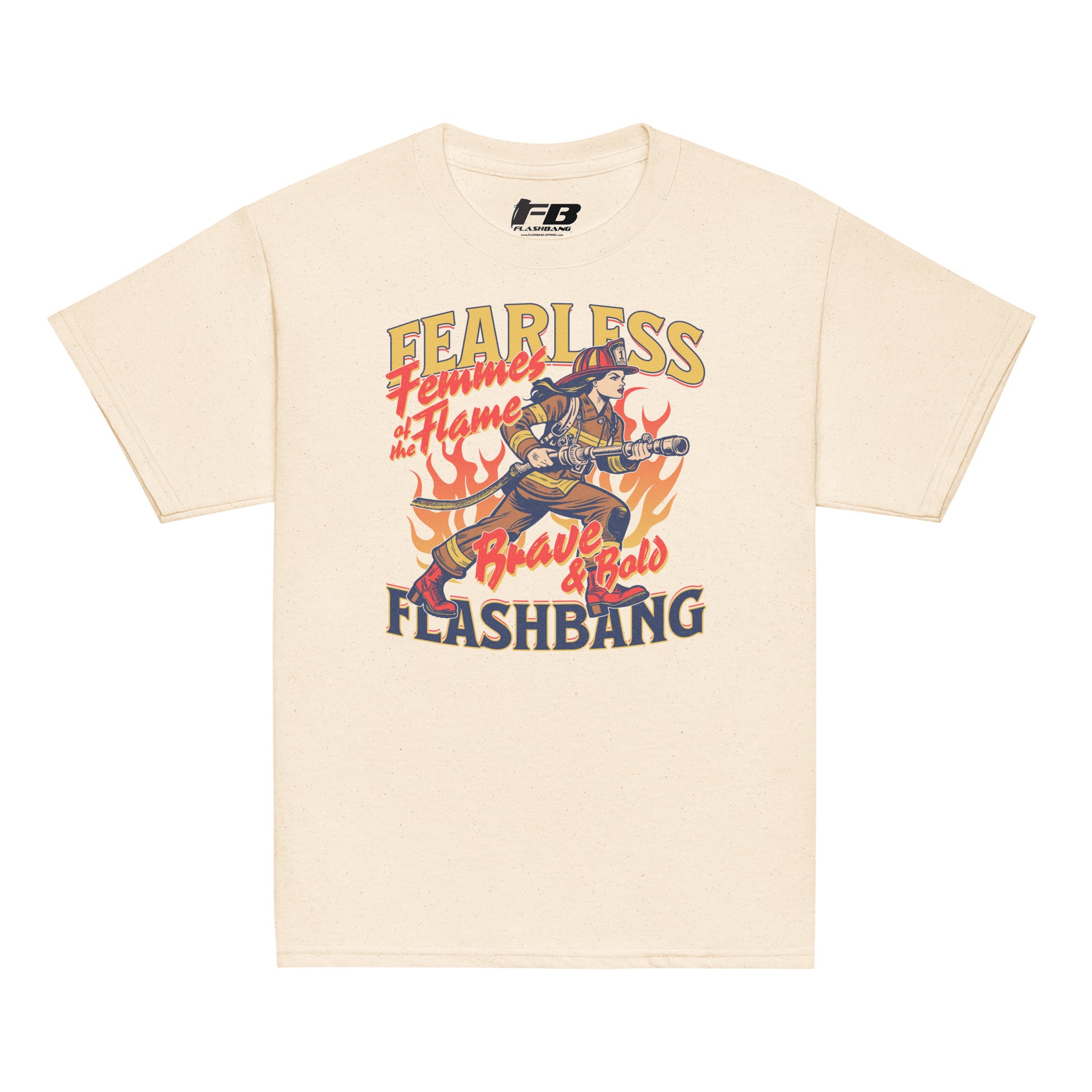 Beige t-shirt with graphic design and text on a white background