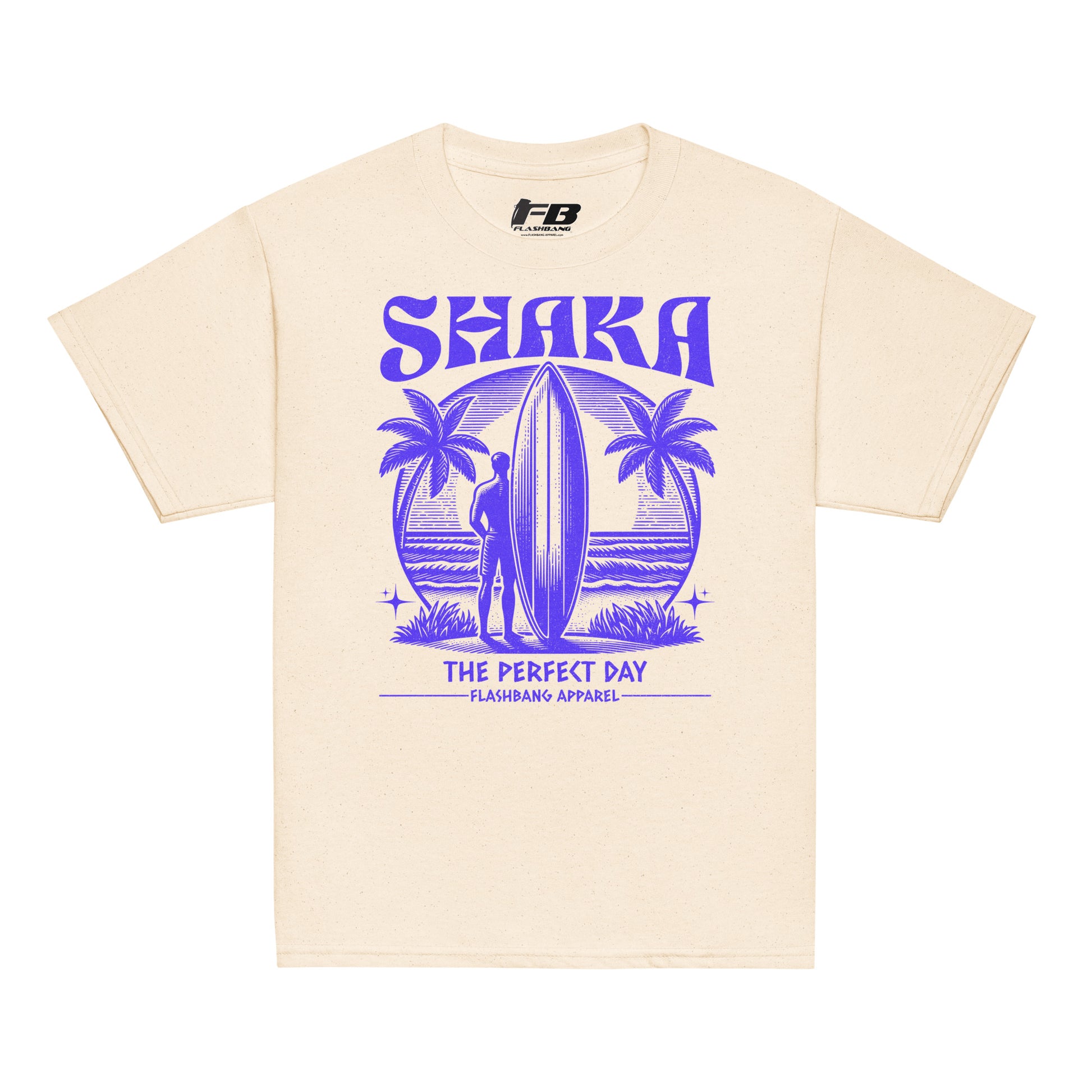 Beige t-shirt with blue 'Shaka The Perfect Day' graphic design on a white background