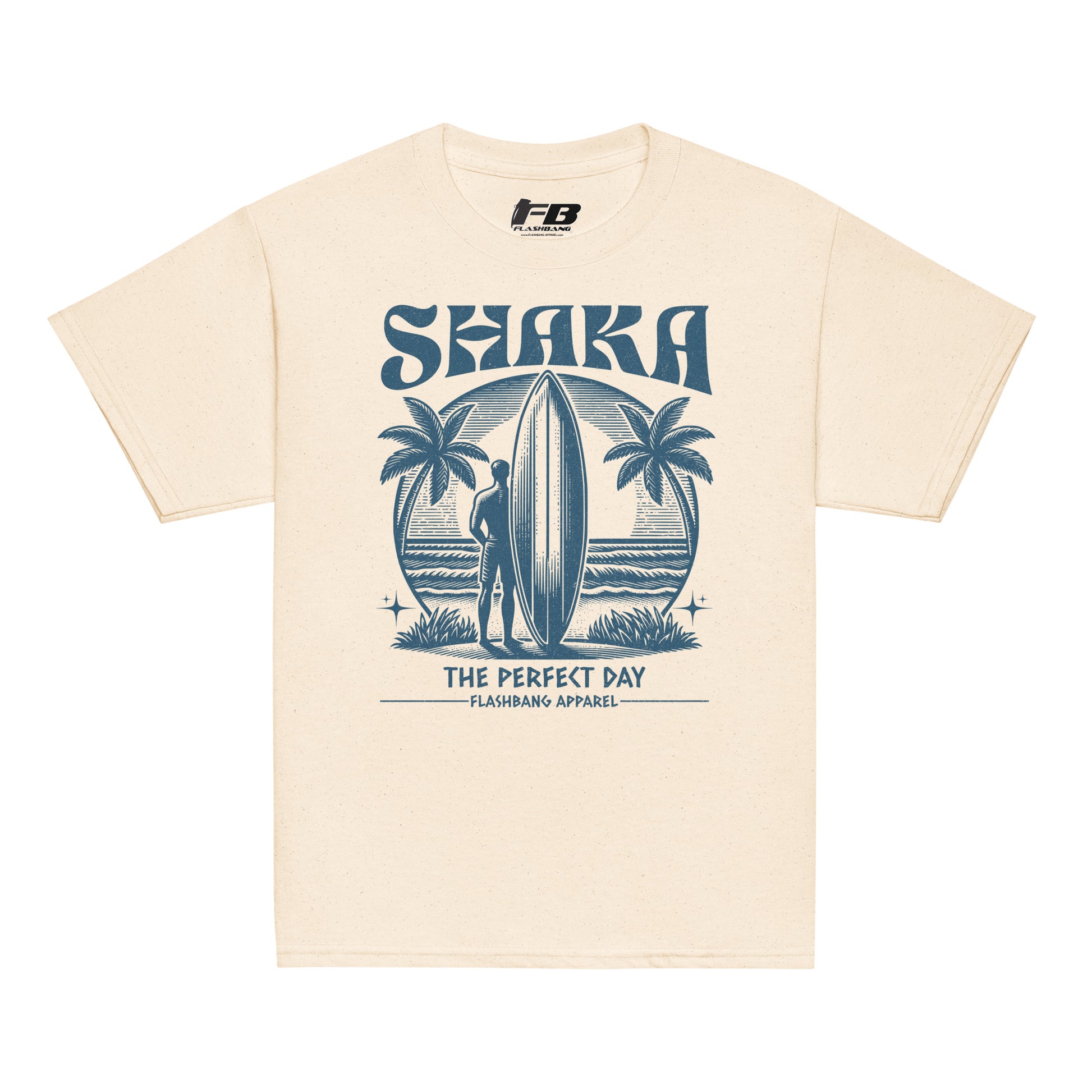 Beige t-shirt with blue graphic design featuring a surfer and palm trees on a white background.