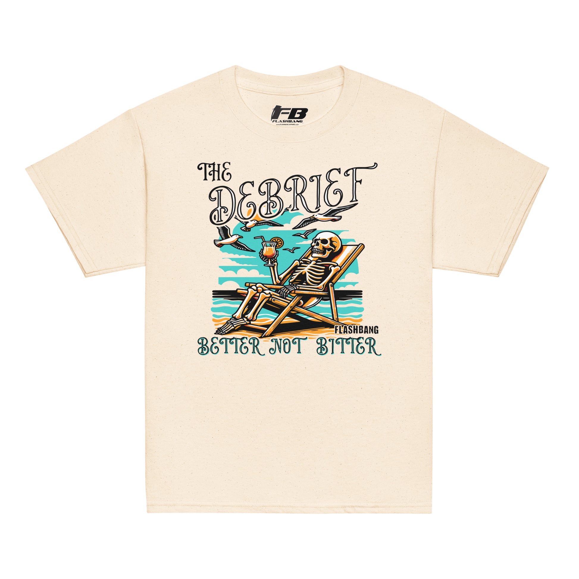 Beige t-shirt with a skeleton design and text on a white background