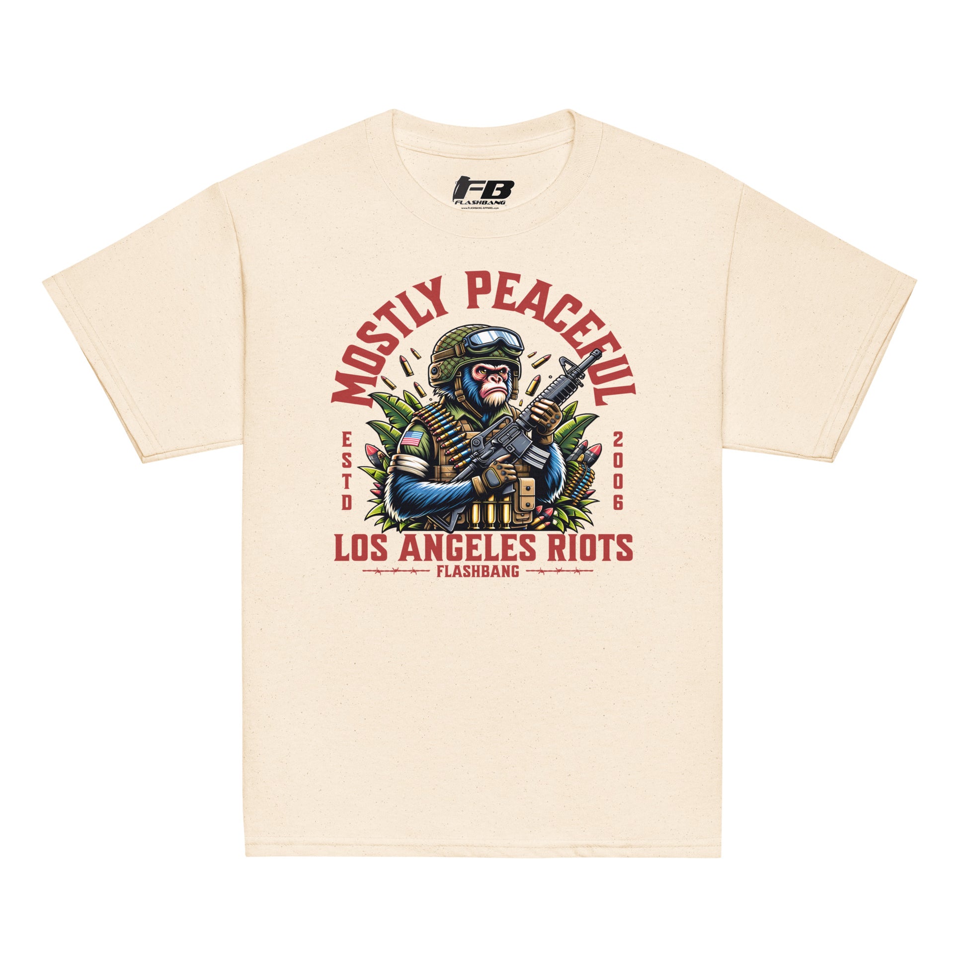 Beige t-shirt with graphic design featuring a monkey holding a gun and text on a white background