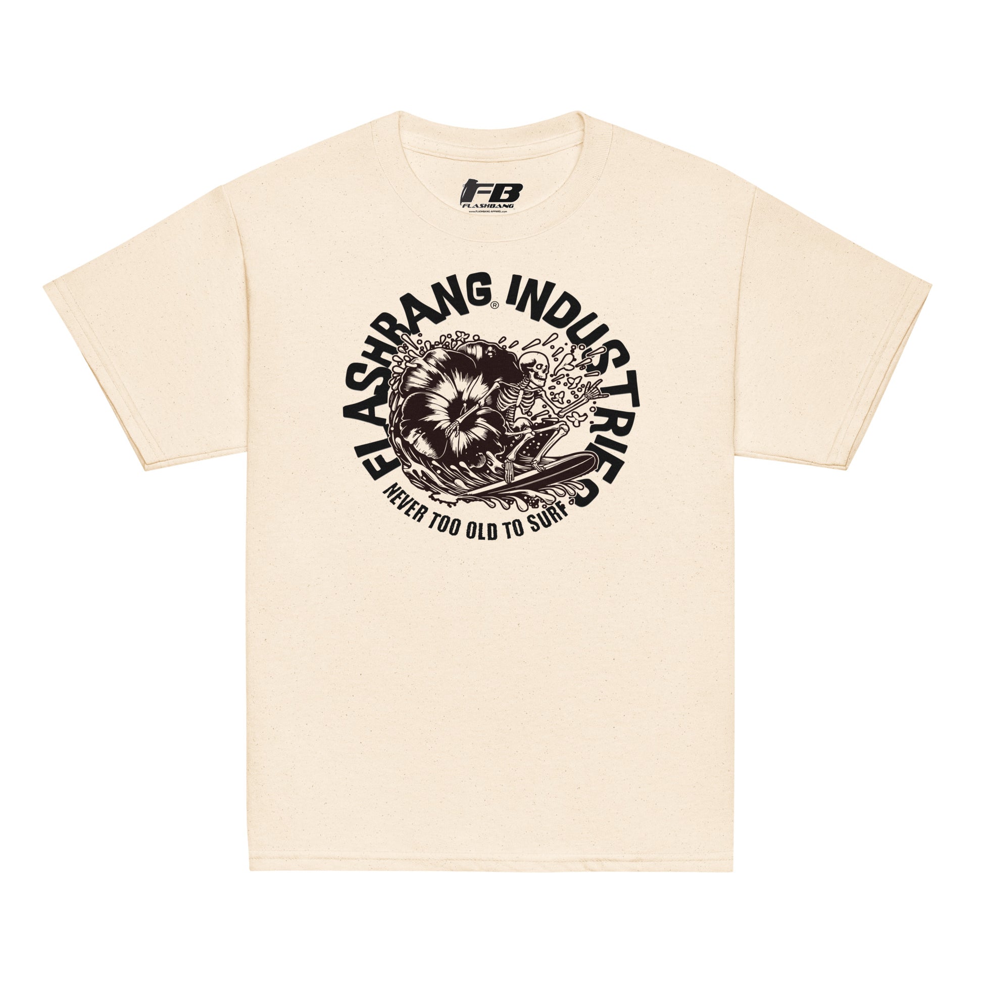 Beige t-shirt with black graphic design and text on a white background