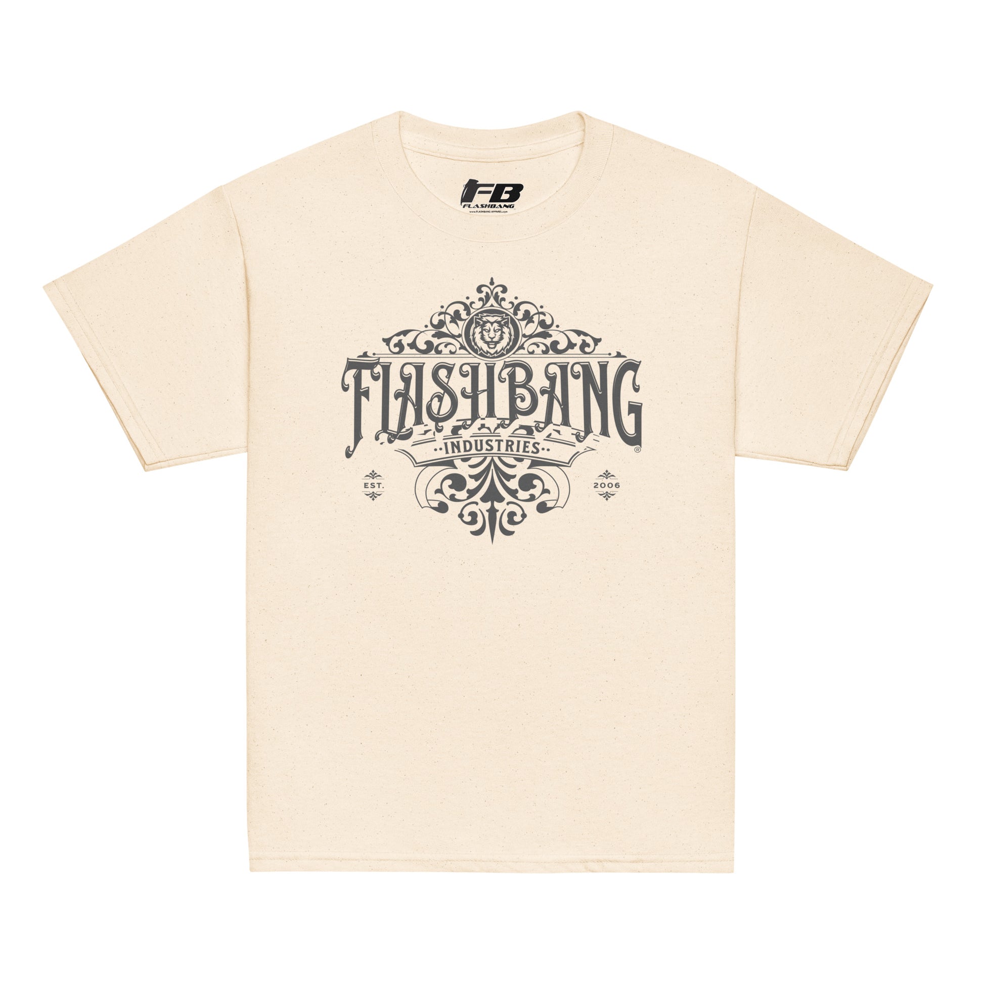 Beige t-shirt with 'Flashbang Industries' logo on a white background
