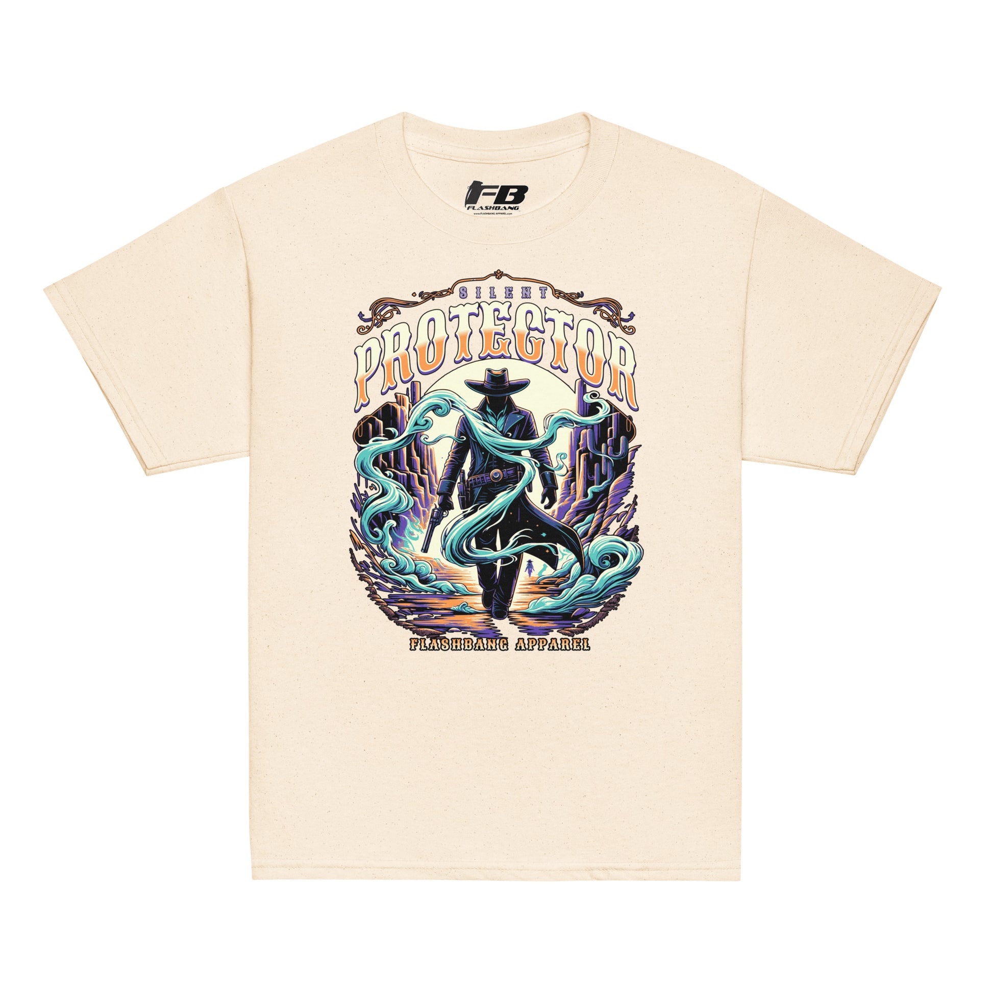 Beige t-shirt with a graphic design featuring a cowboy and text on a white background