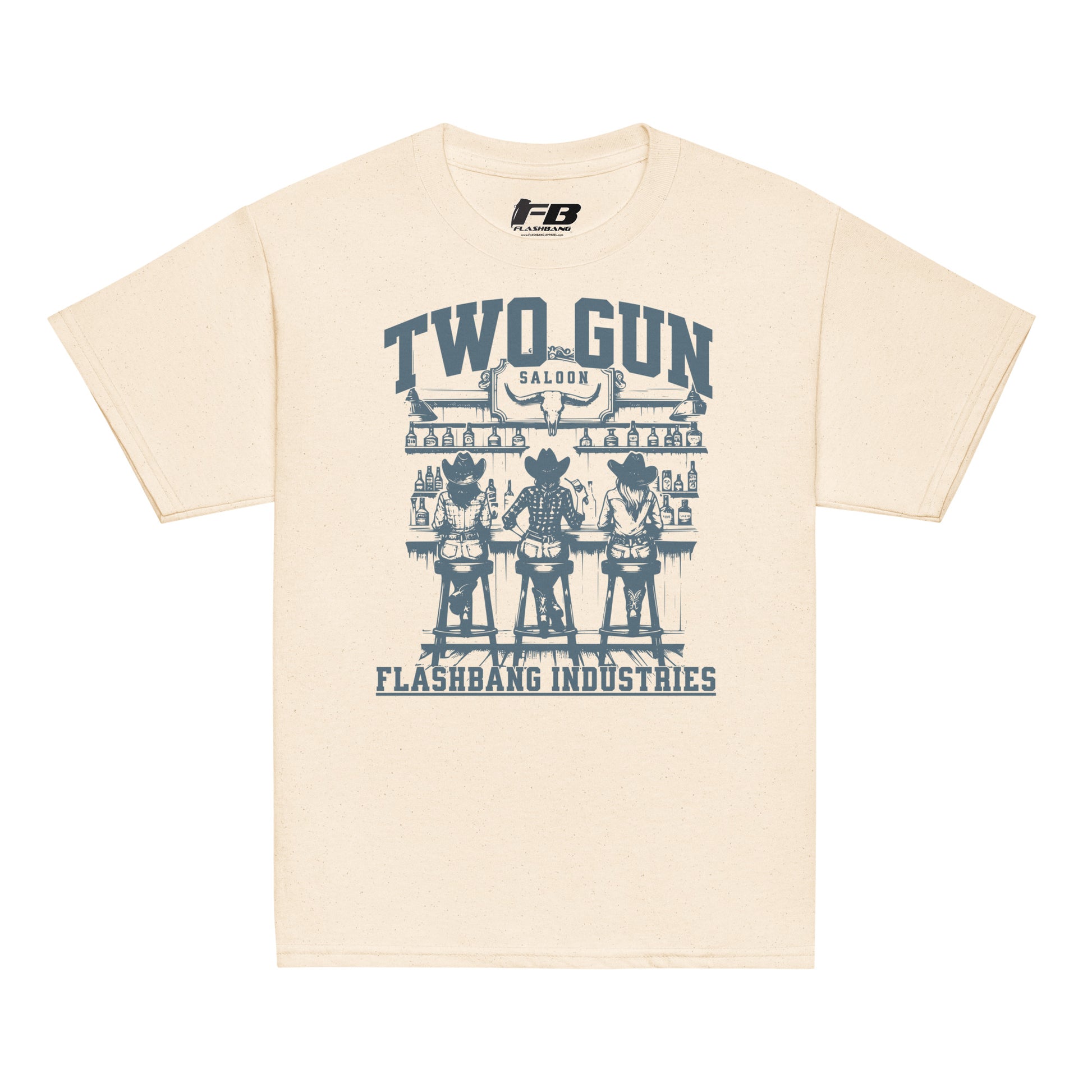 Beige t-shirt with graphic design and text on a white background