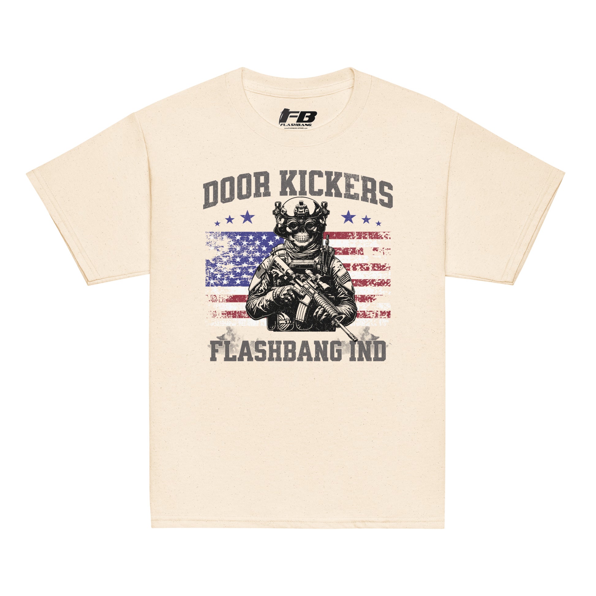 Beige t-shirt with graphic design featuring a skeleton in military gear and American flag, brand 'FB' visible.