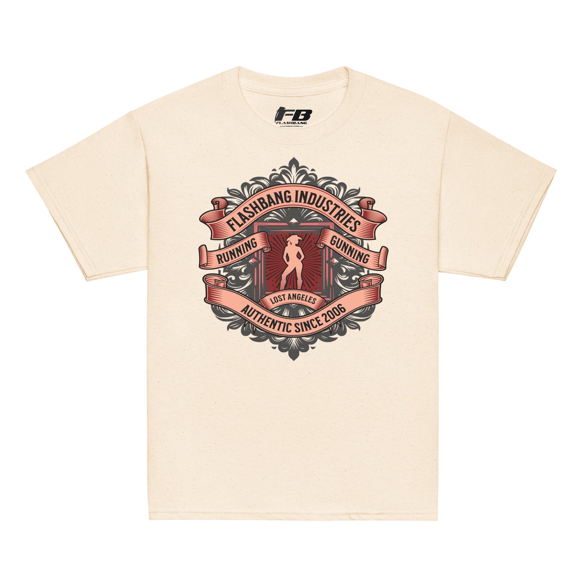 Beige t-shirt with graphic design and 'Flashbang Industries' branding on a white background