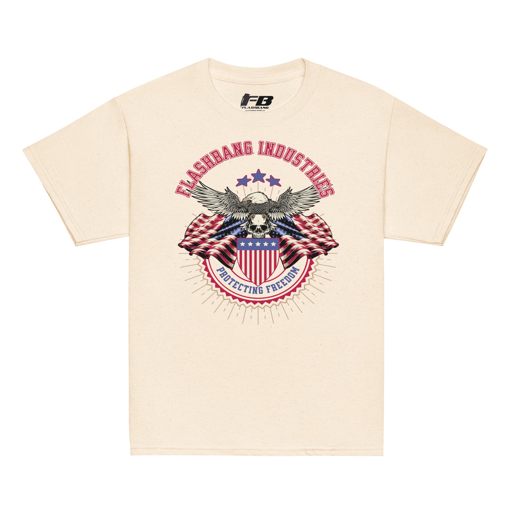 Beige t-shirt with patriotic graphic and 'Flashbang Industries' text on a white background
