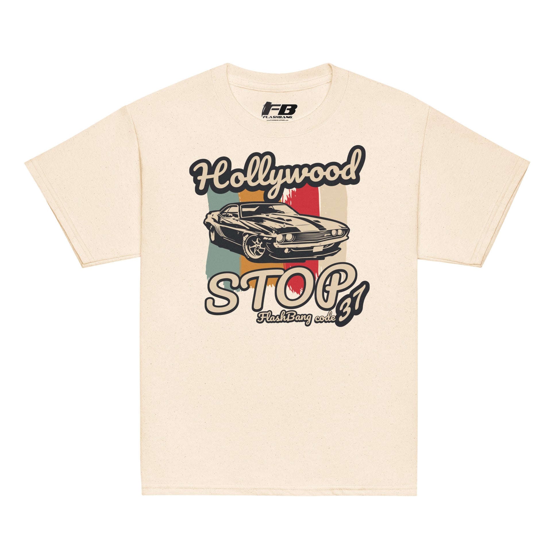 Beige t-shirt with a graphic design of a car and text on a white background