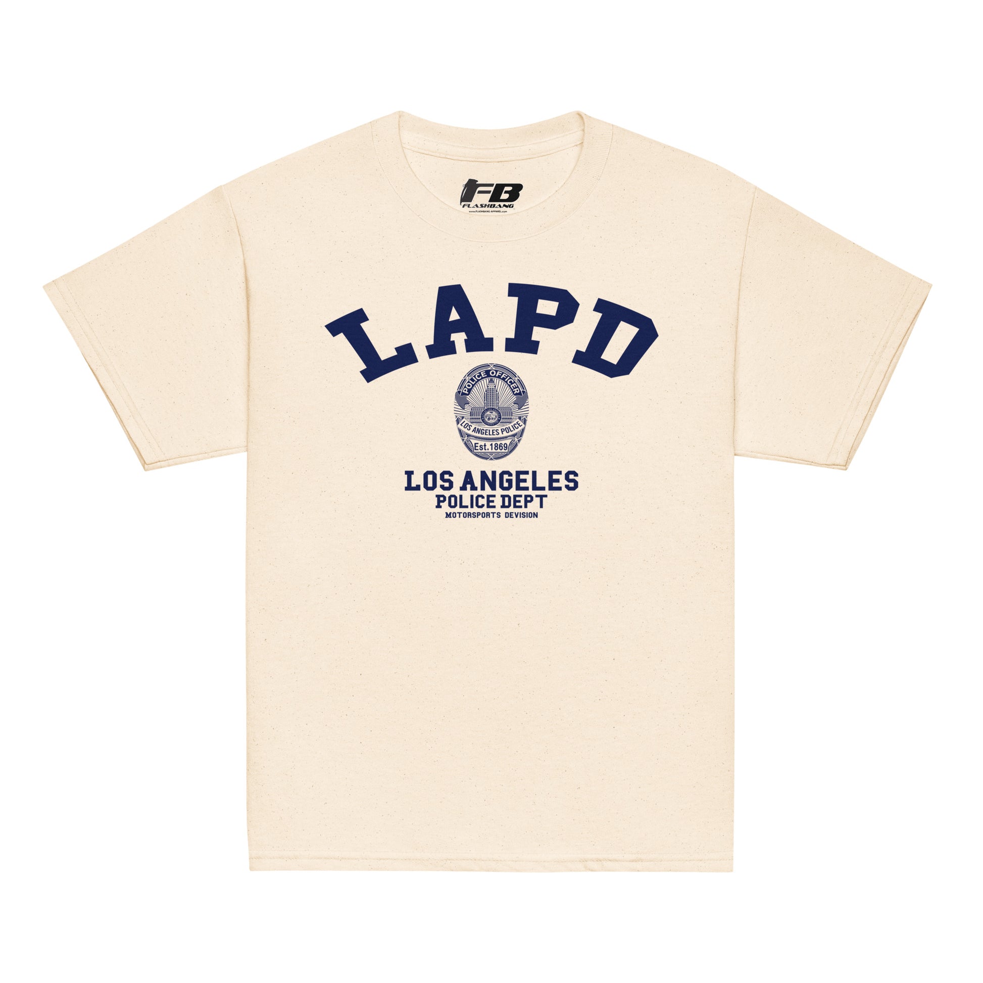 Beige t-shirt with LAPD Los Angeles Police Dept logo on a white background