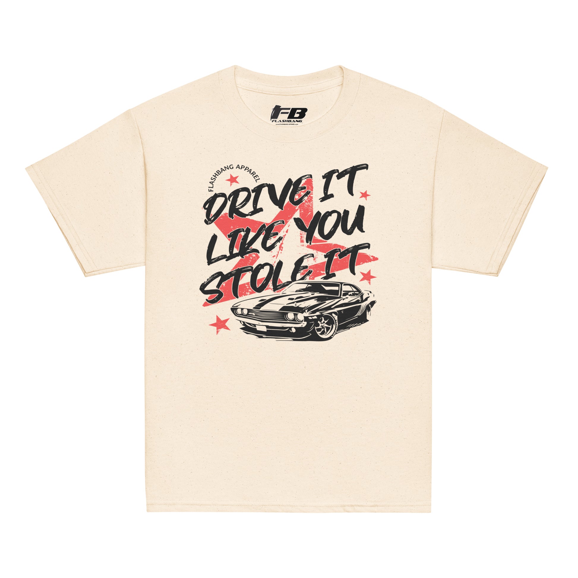 Beige t-shirt with car graphic and text 'Drive it like you stole it' on a white background