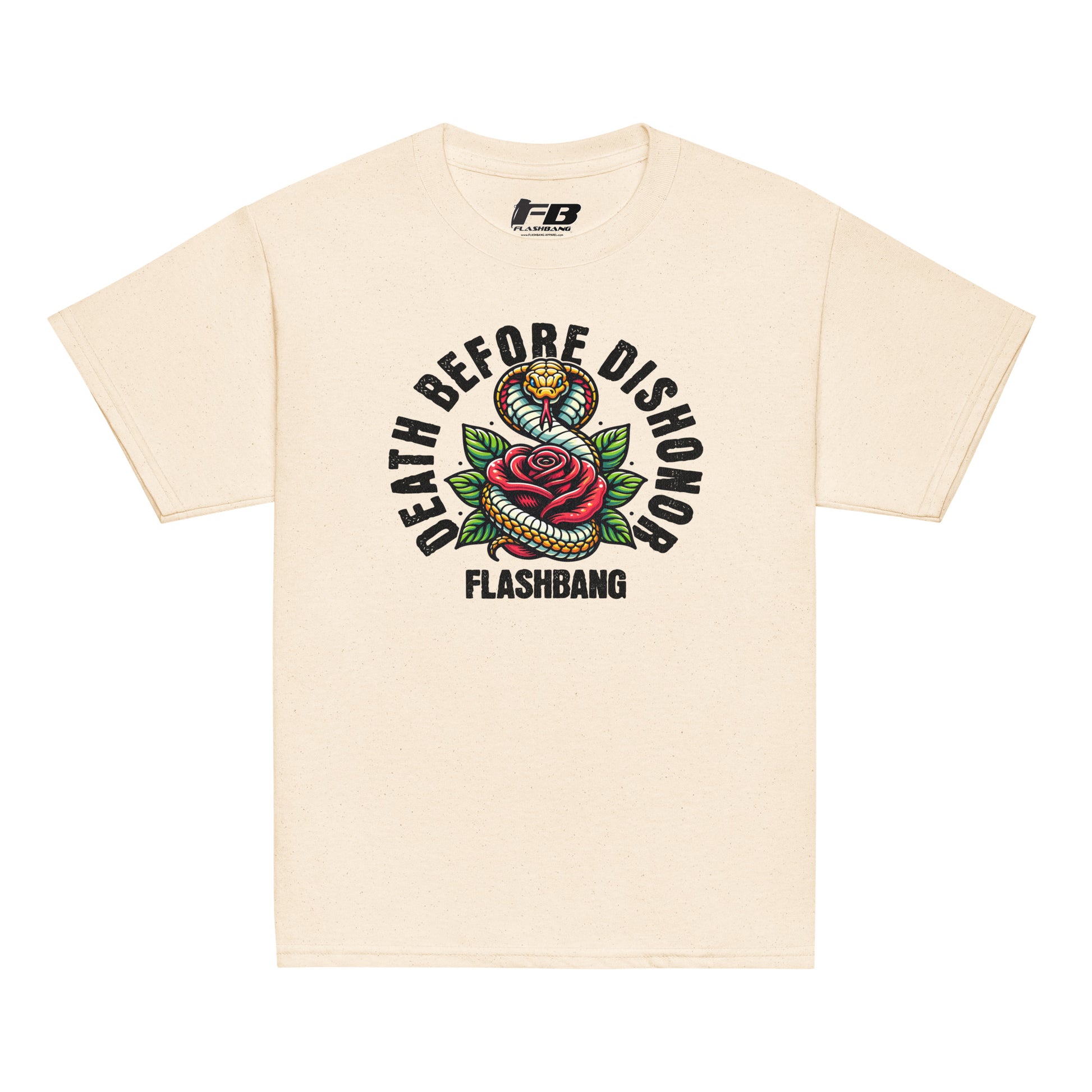 Beige t-shirt with 'Death Before Dishonor' graphic design on a white background
