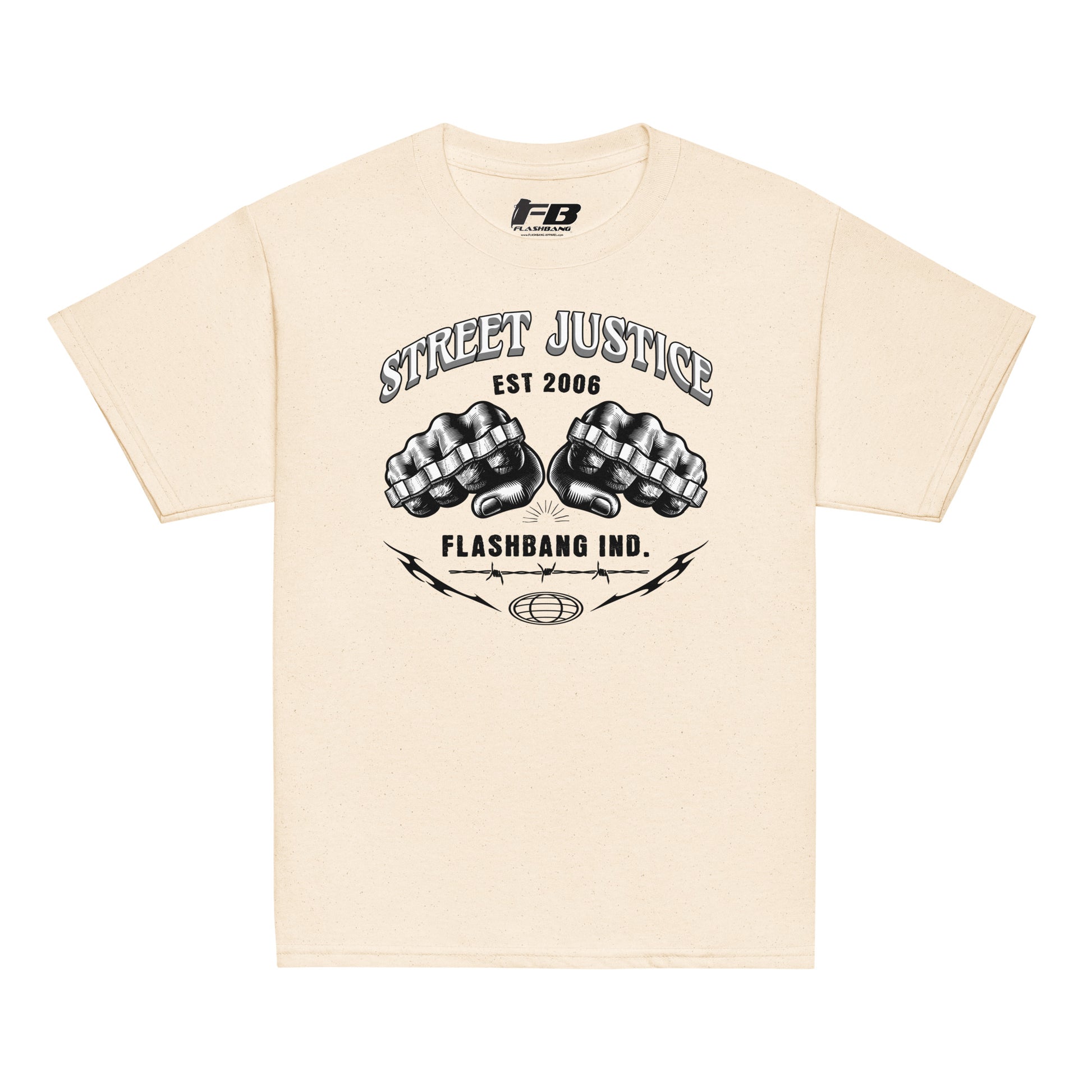 Beige t-shirt with 'Street Justice' and 'Flashbang Ind.' graphic design on a white background