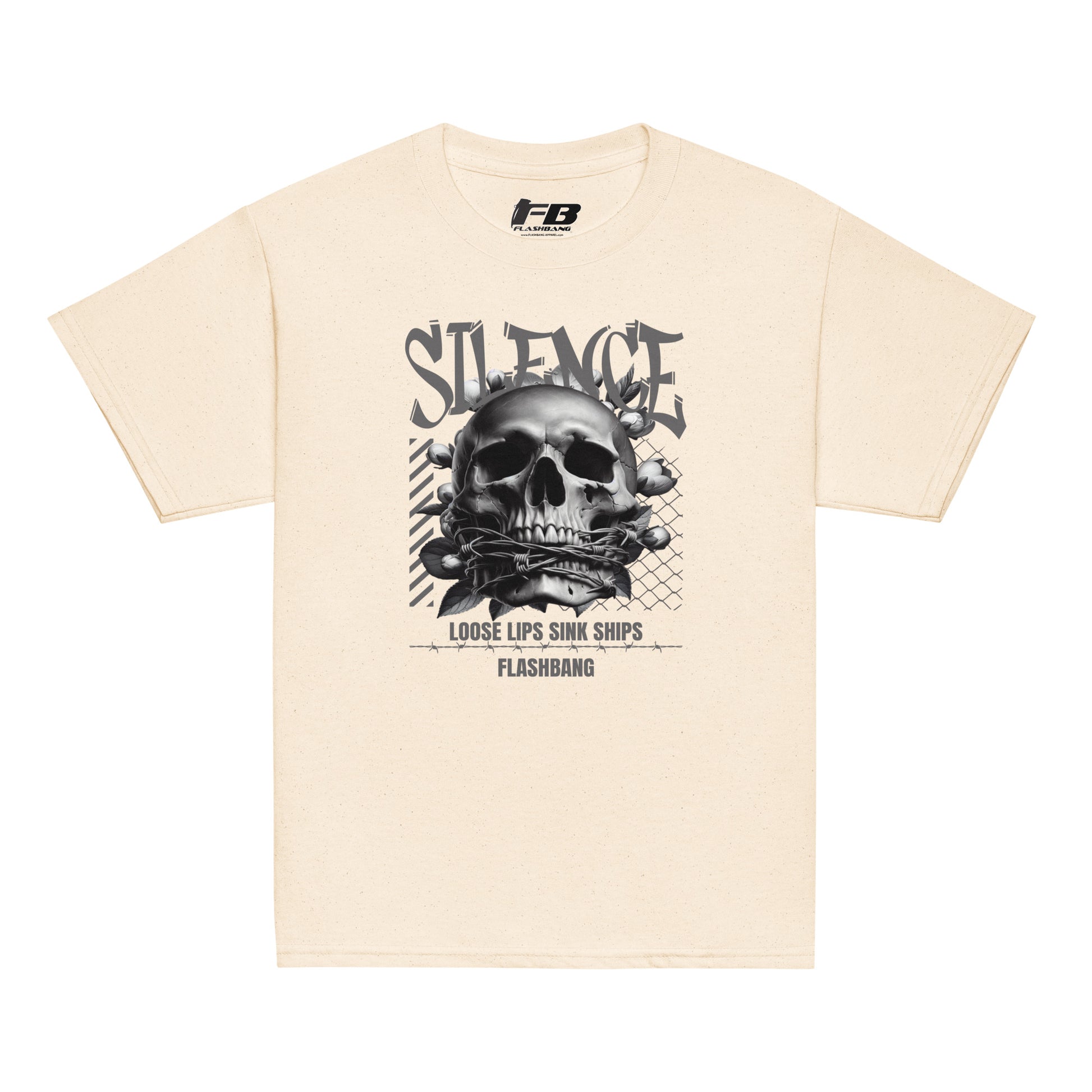 Beige t-shirt with a skull graphic and text on a white background