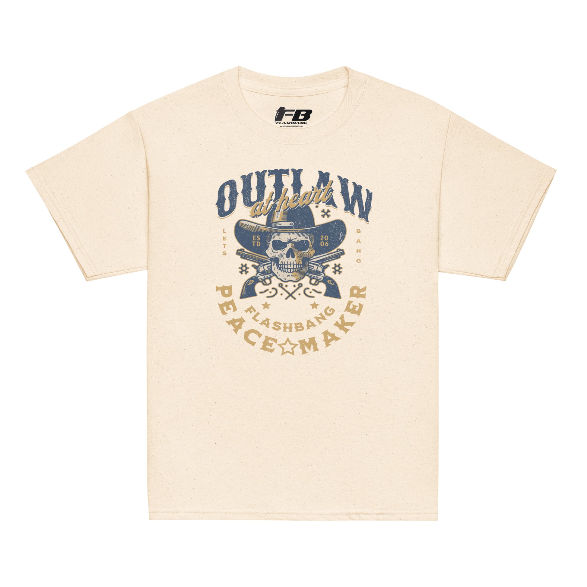 Beige t-shirt with graphic design and text on a white background