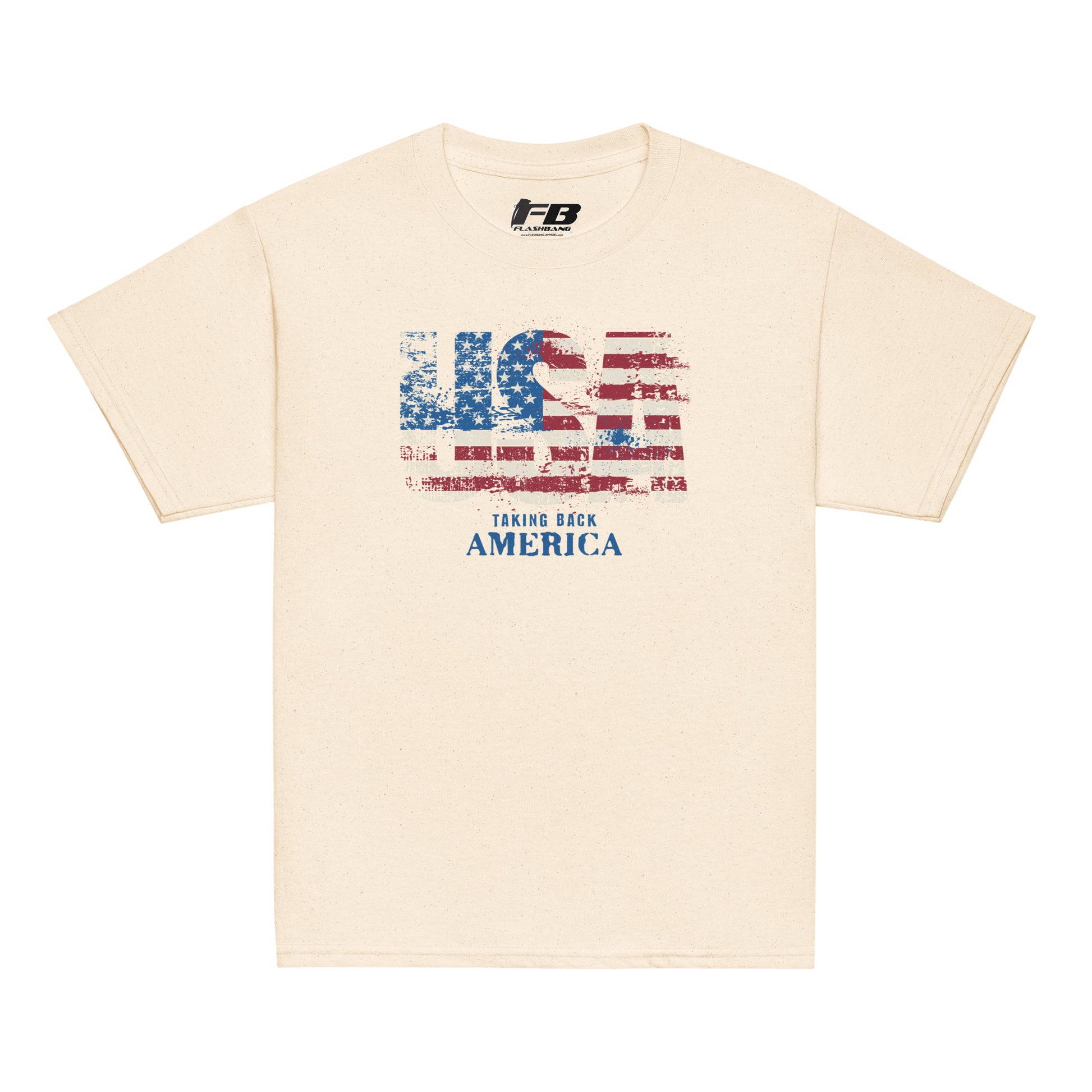 Beige t-shirt with American flag graphic and text on a white background