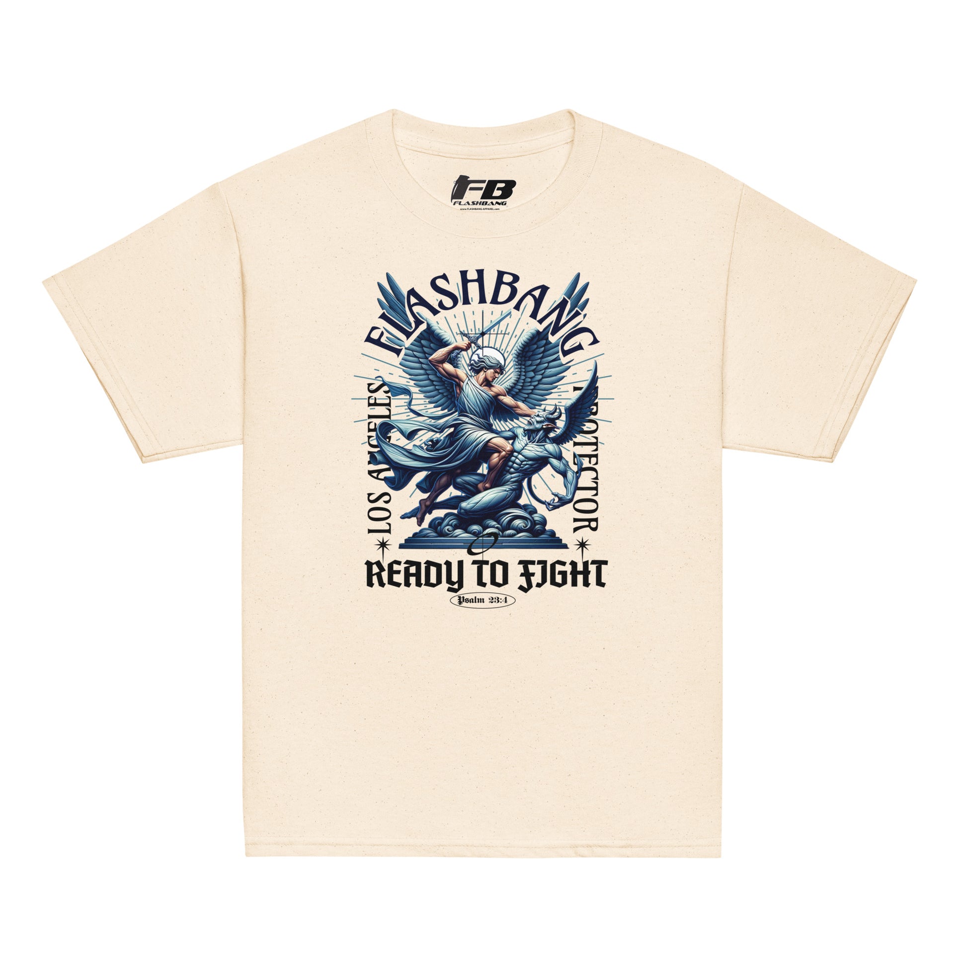 Beige t-shirt with graphic design and text on a white background