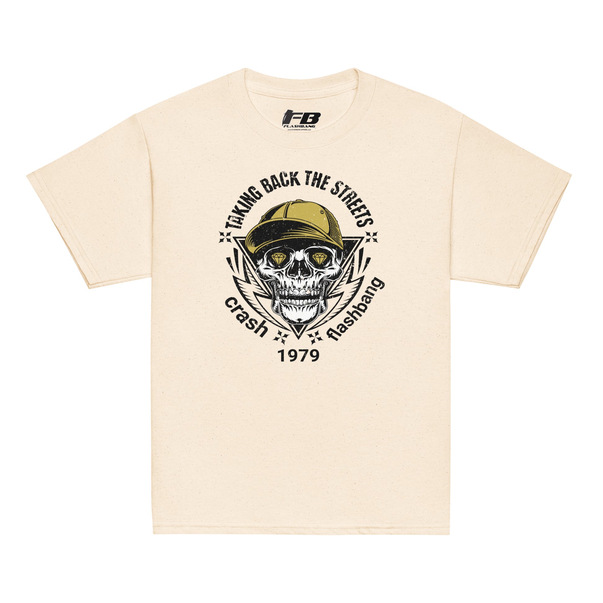Beige t-shirt with skull and text design on a white background