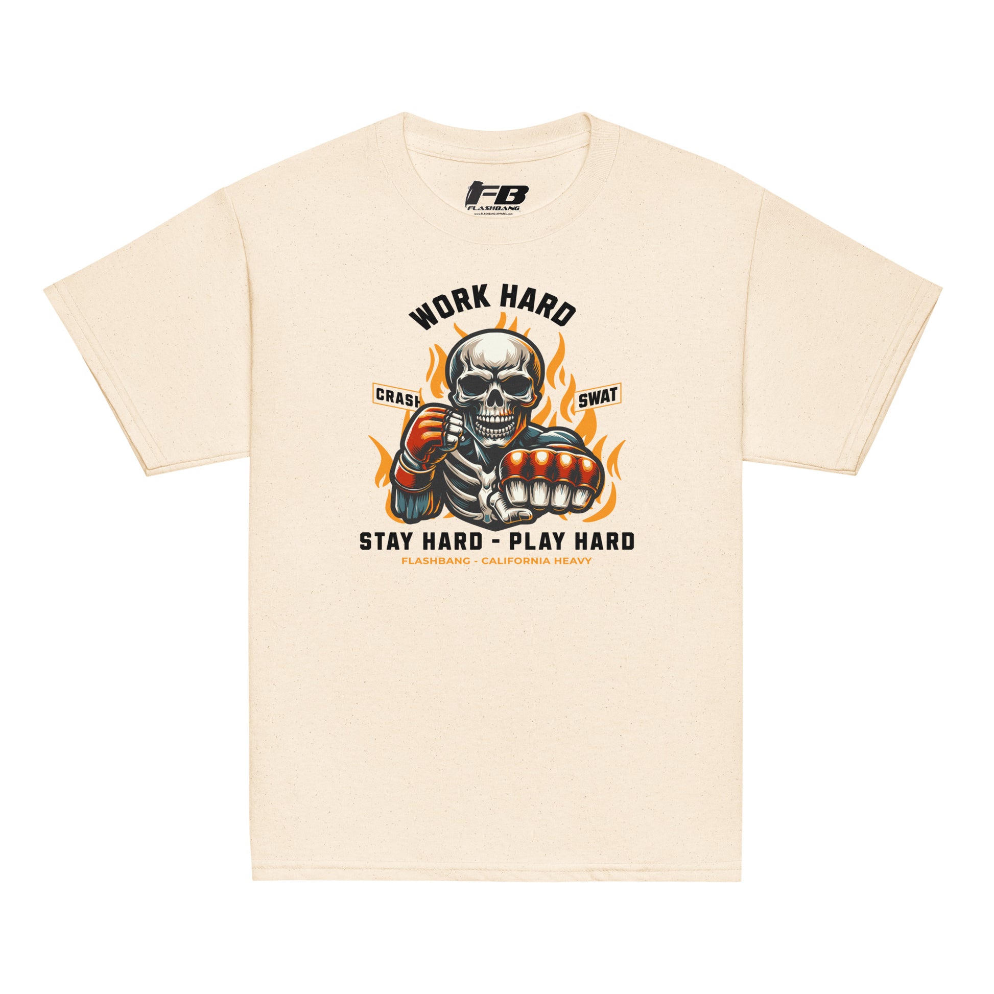 Beige t-shirt with a graphic design featuring a skeleton holding boxing gloves and text on a white background.