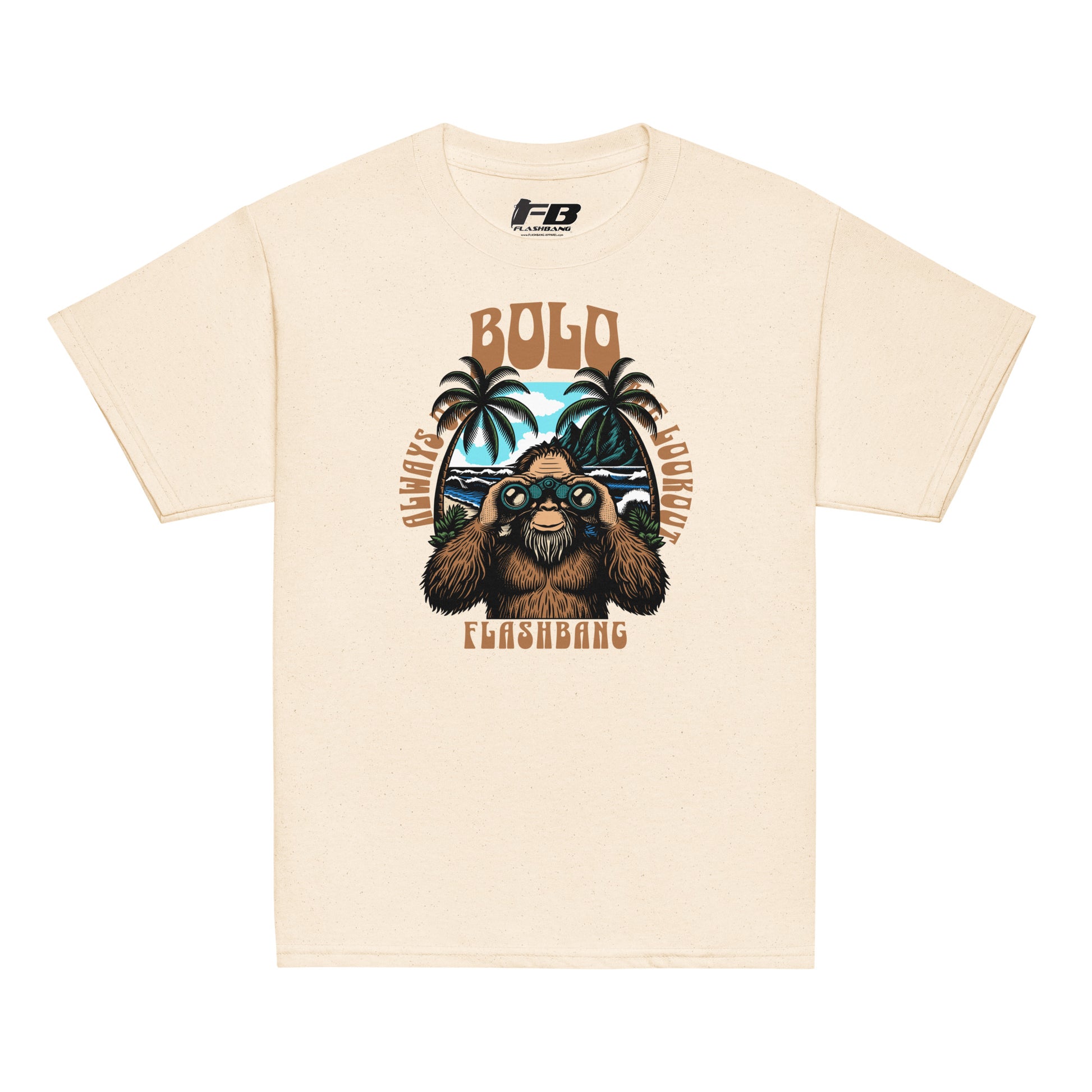 Beige t-shirt with a graphic of a sloth and palm trees on a white background