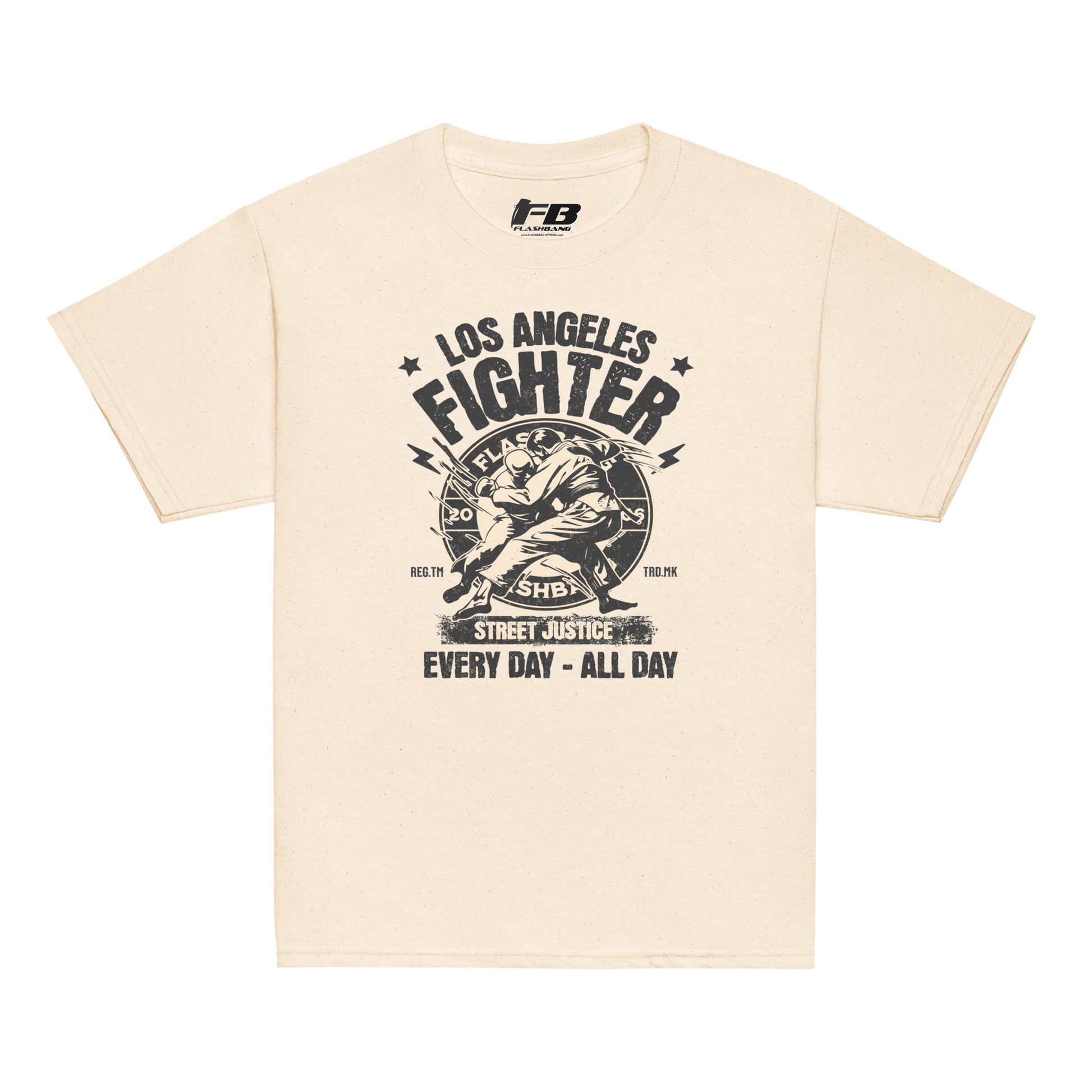 Beige t-shirt with 'Los Angeles Fighter' graphic design on a white background