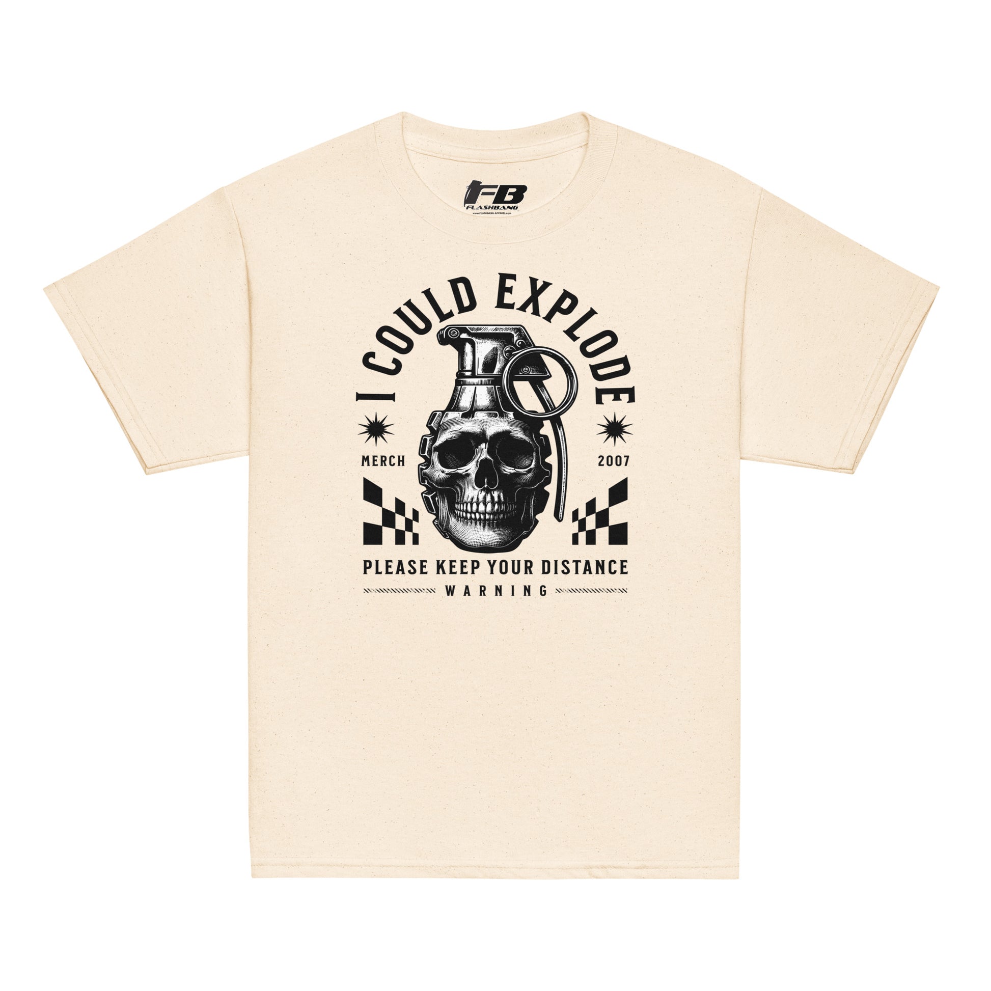 Beige t-shirt with black graphic design featuring a skull and grenade on a white background