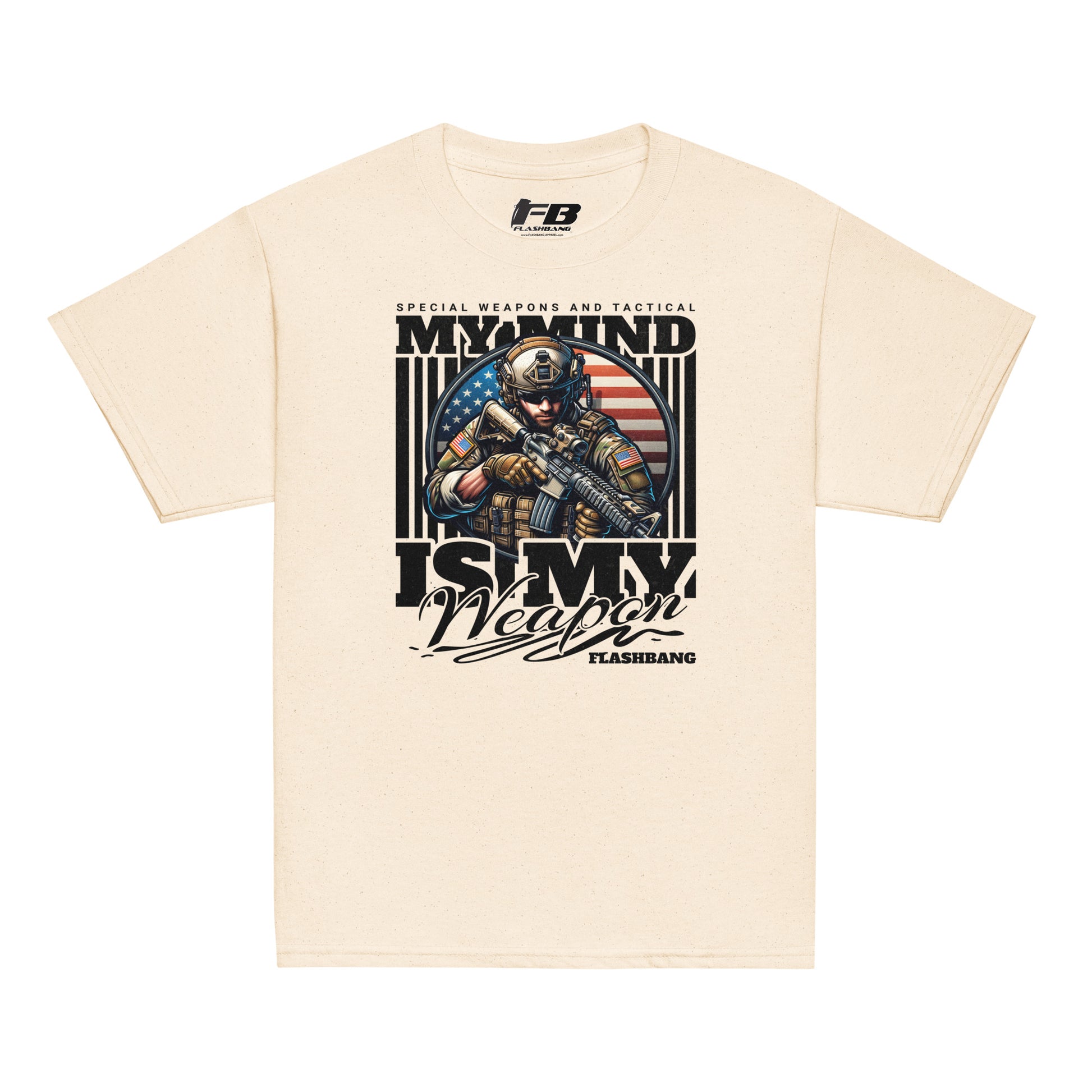 Beige t-shirt with graphic design featuring a soldier and text on a white background