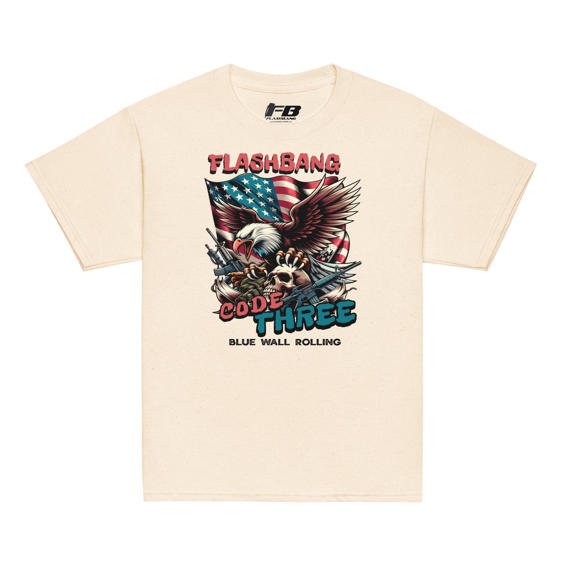 Beige t-shirt with 'Flashbang Code Three' graphic design featuring an eagle and American flag on a white background.