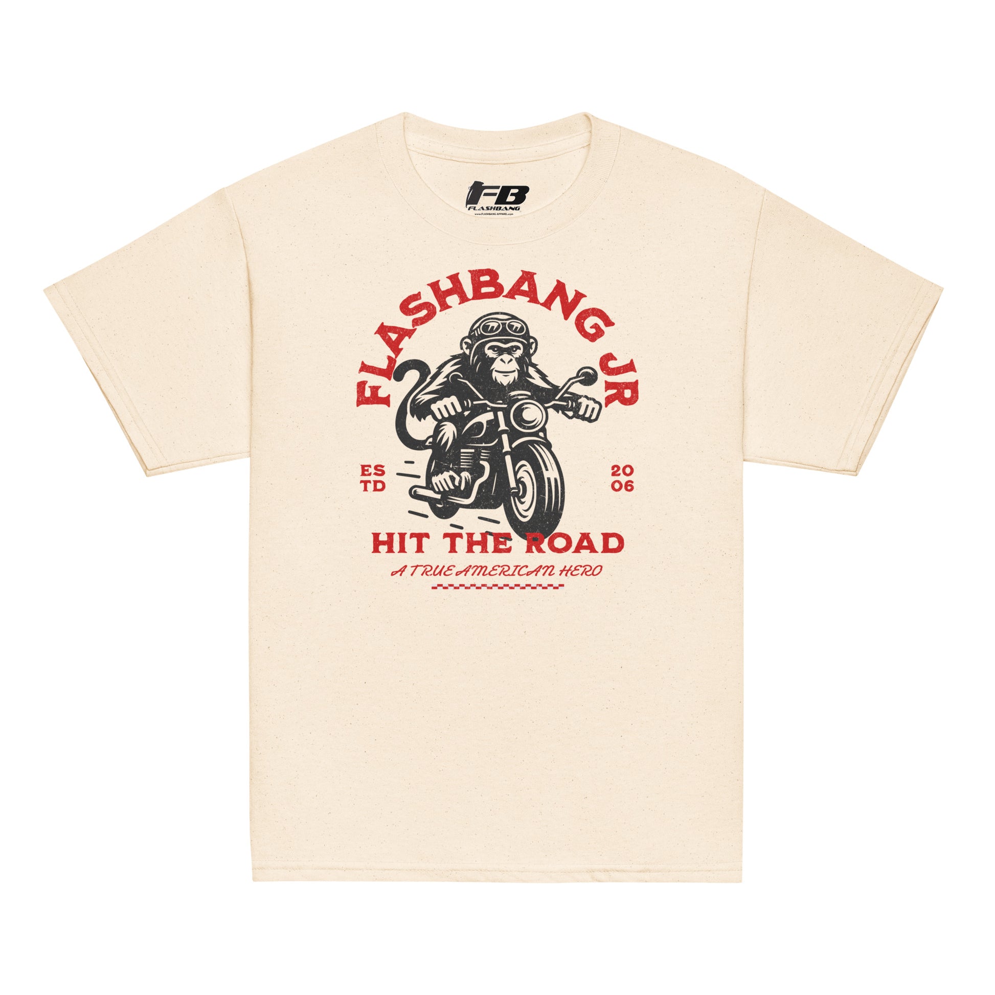 Beige t-shirt with a graphic of a monkey on a motorcycle and text on a white background