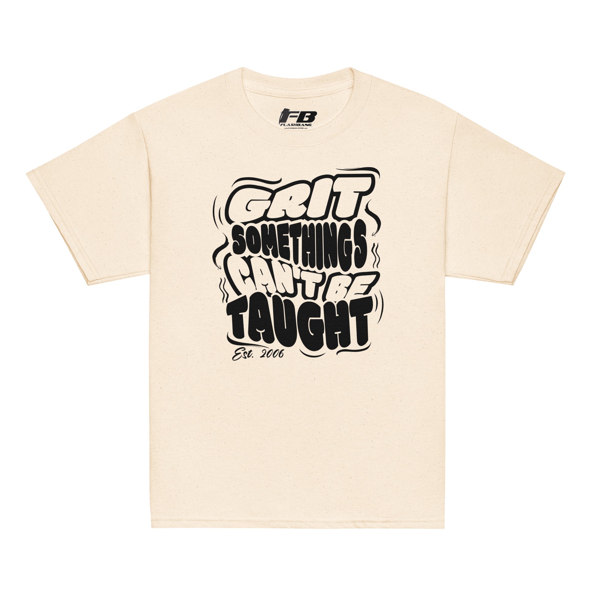 Beige t-shirt with black text and logo on a white background