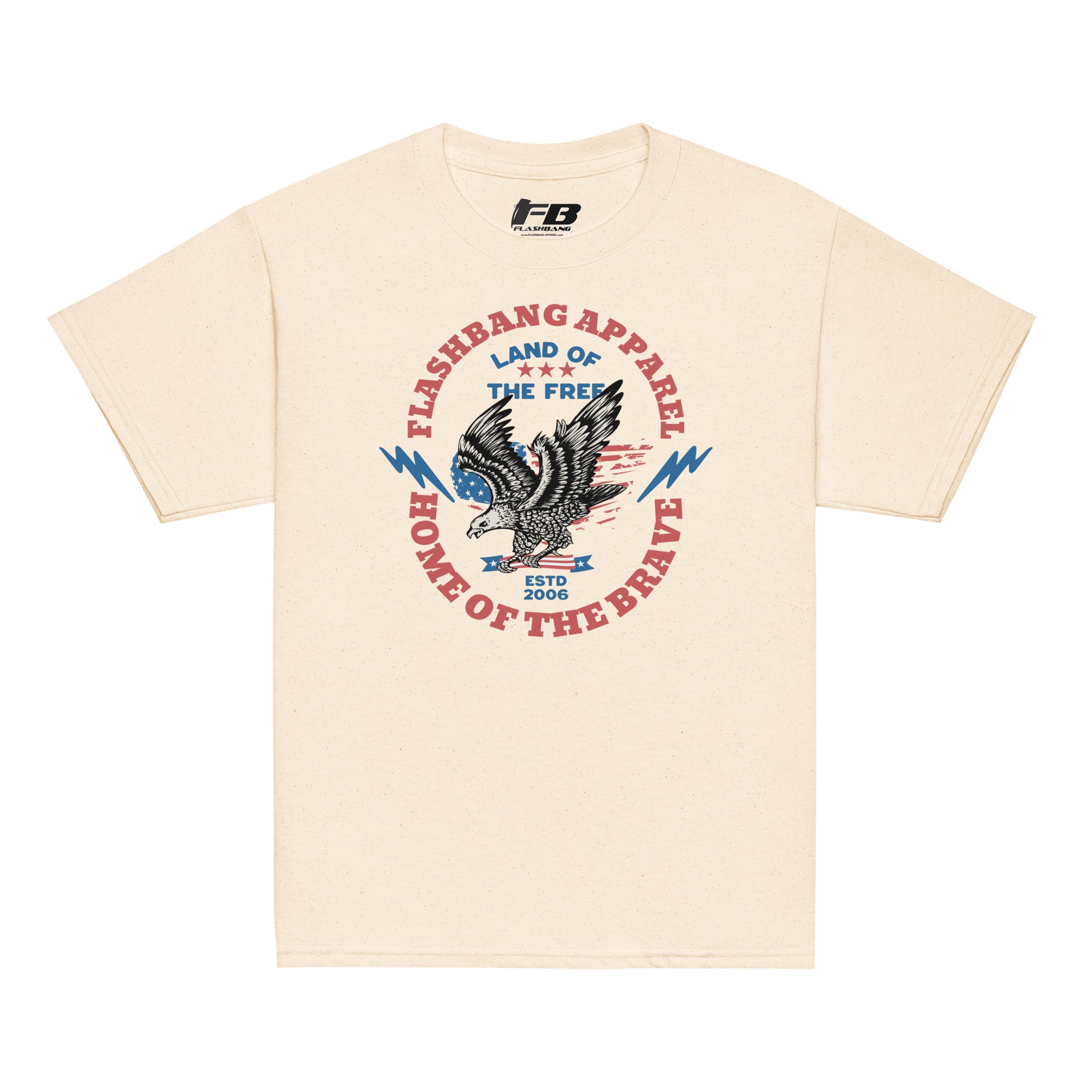 Beige t-shirt with eagle graphic and text on a white background
