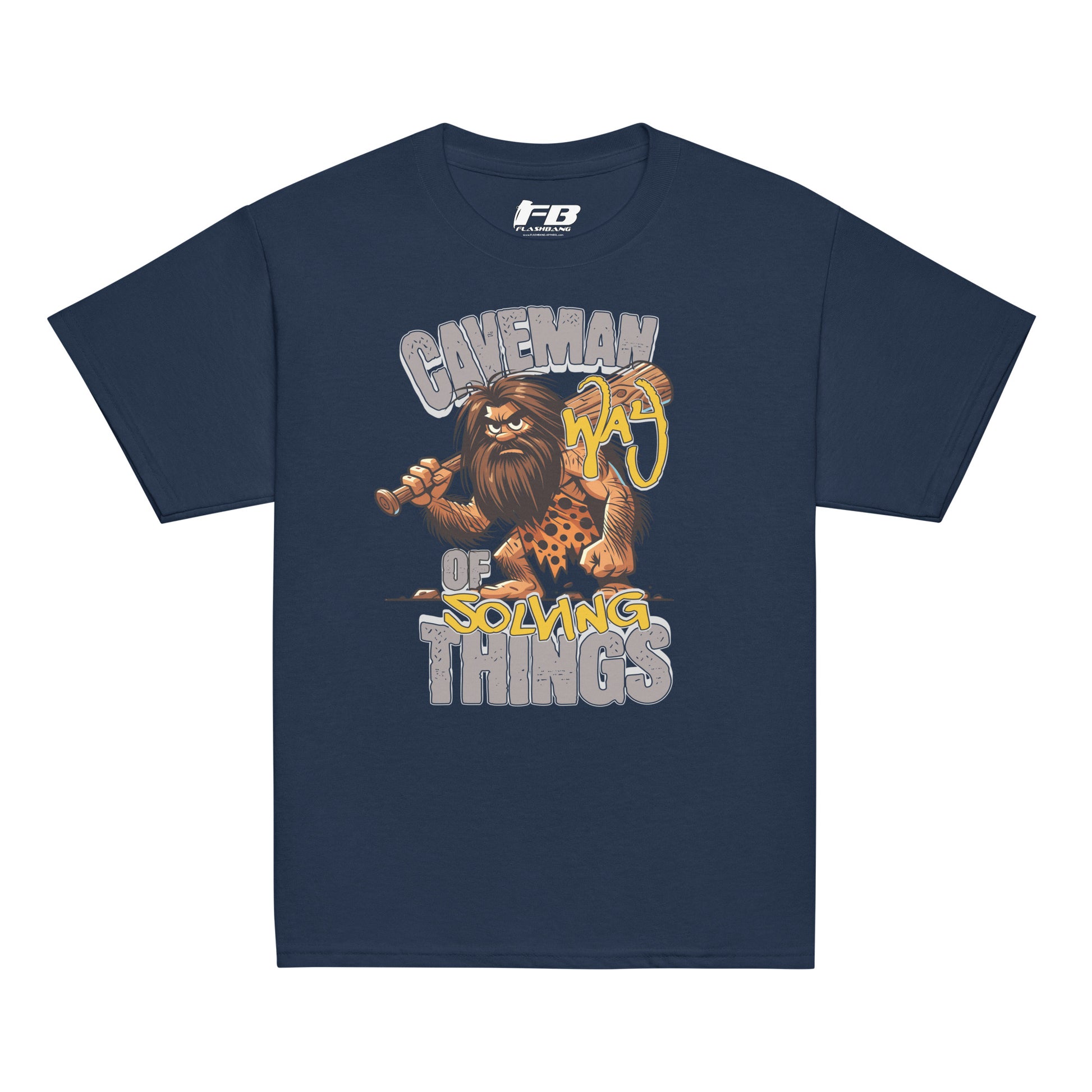 Navy blue t-shirt with a graphic of a caveman and text on a white background