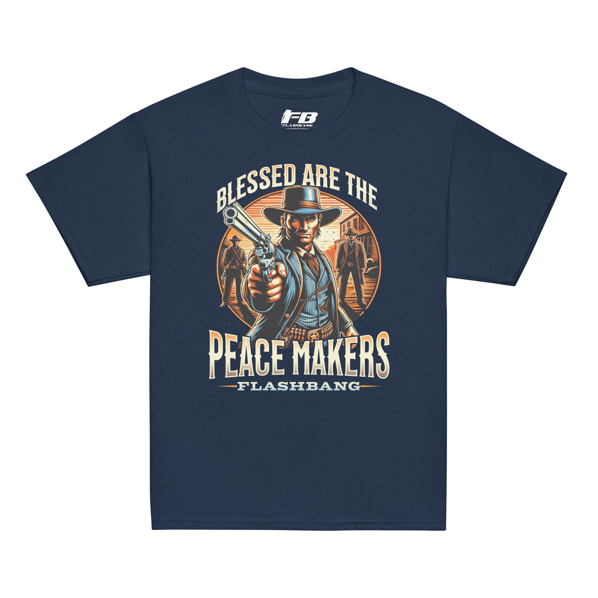 Navy blue t-shirt with a graphic of a cowboy holding a gun and text 'Blessed are the Peacemakers' on a white background.